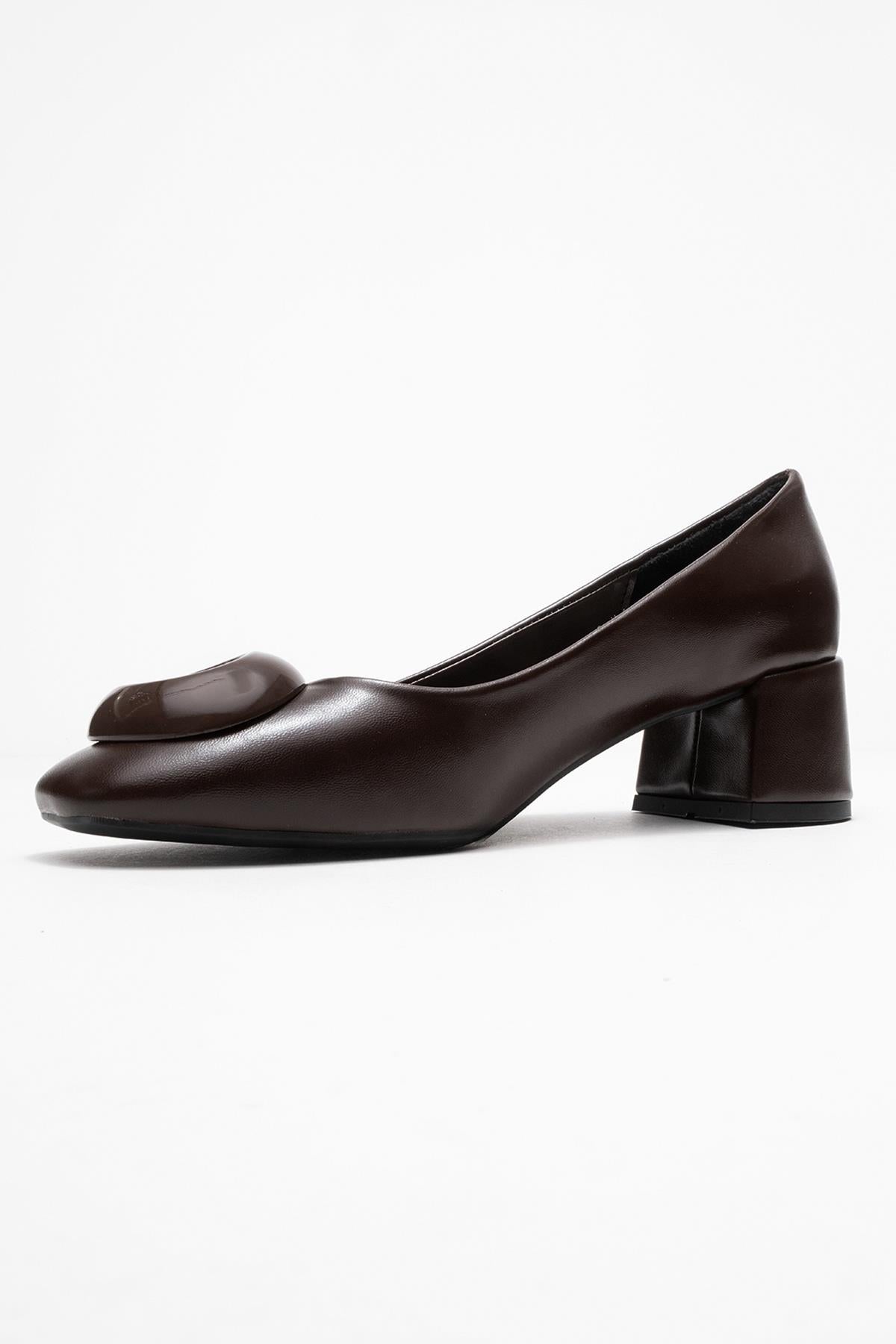 Mila - Brown Buckle Square Toe Block Heel Shoe – heel view showing leather, Vowalisse