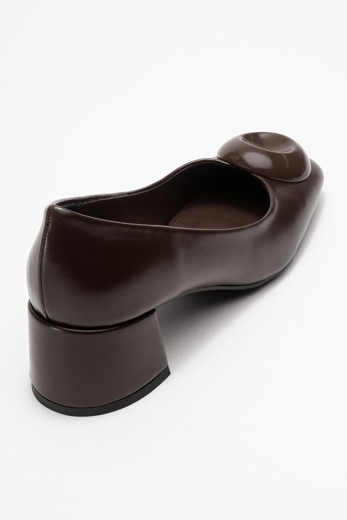 Mila - Brown Buckle Square Toe Block Heel Shoe – back view showing leather, Vowalisse