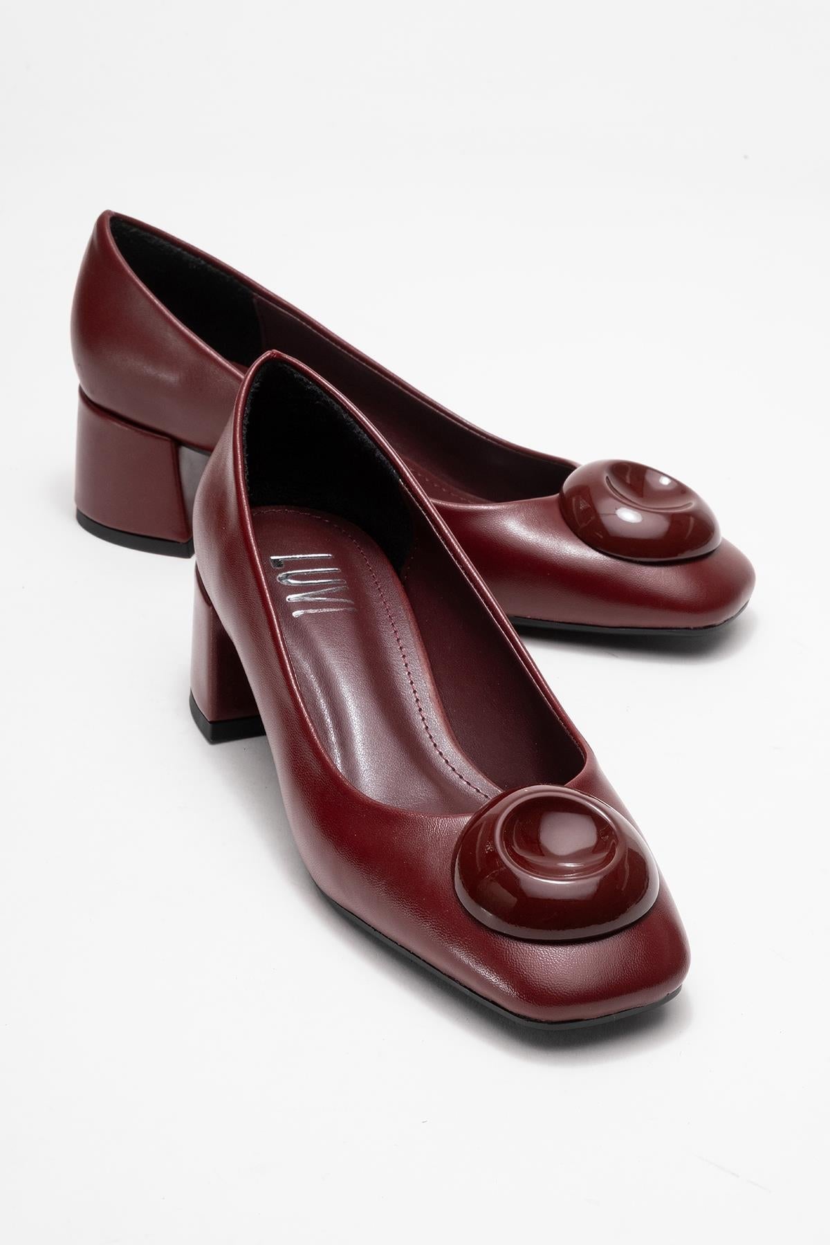 Mila - Burgundy Buckle Square Toe Block Heel Shoe – front three-quarter view showing leather, Vowalisse