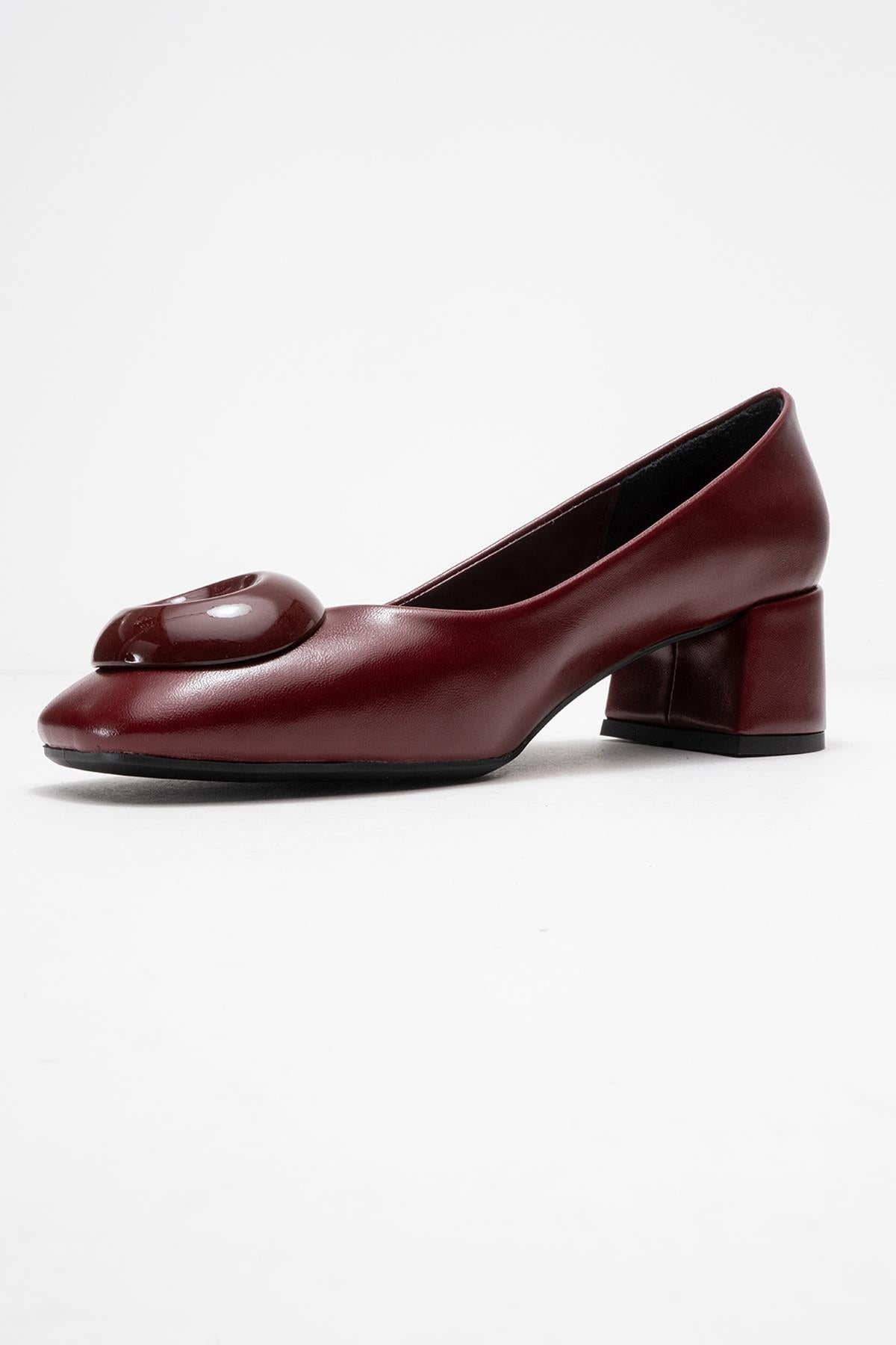 Mila - Burgundy Buckle Square Toe Block Heel Shoe – heel view showing leather, Vowalisse