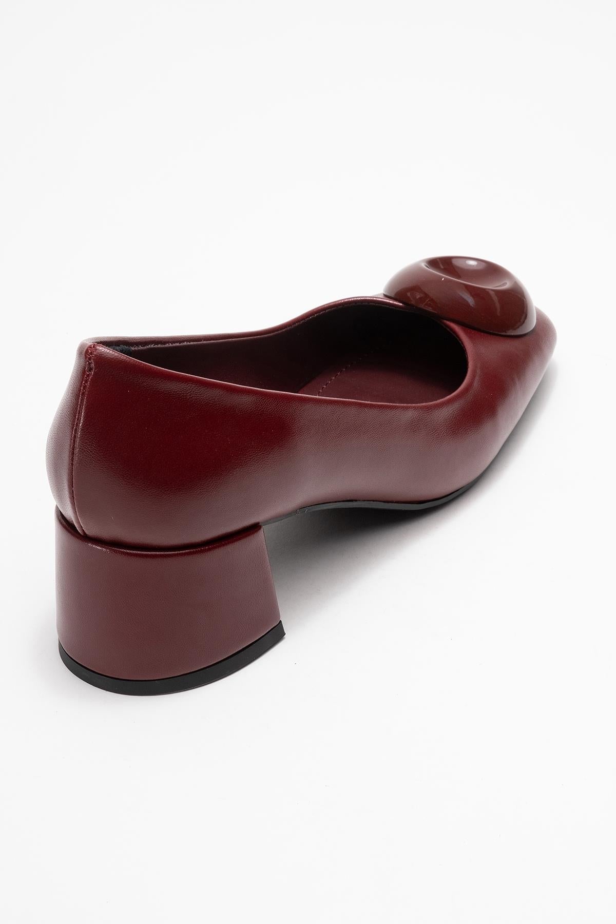 Mila - Burgundy Buckle Square Toe Block Heel Shoe – back view showing leather, Vowalisse