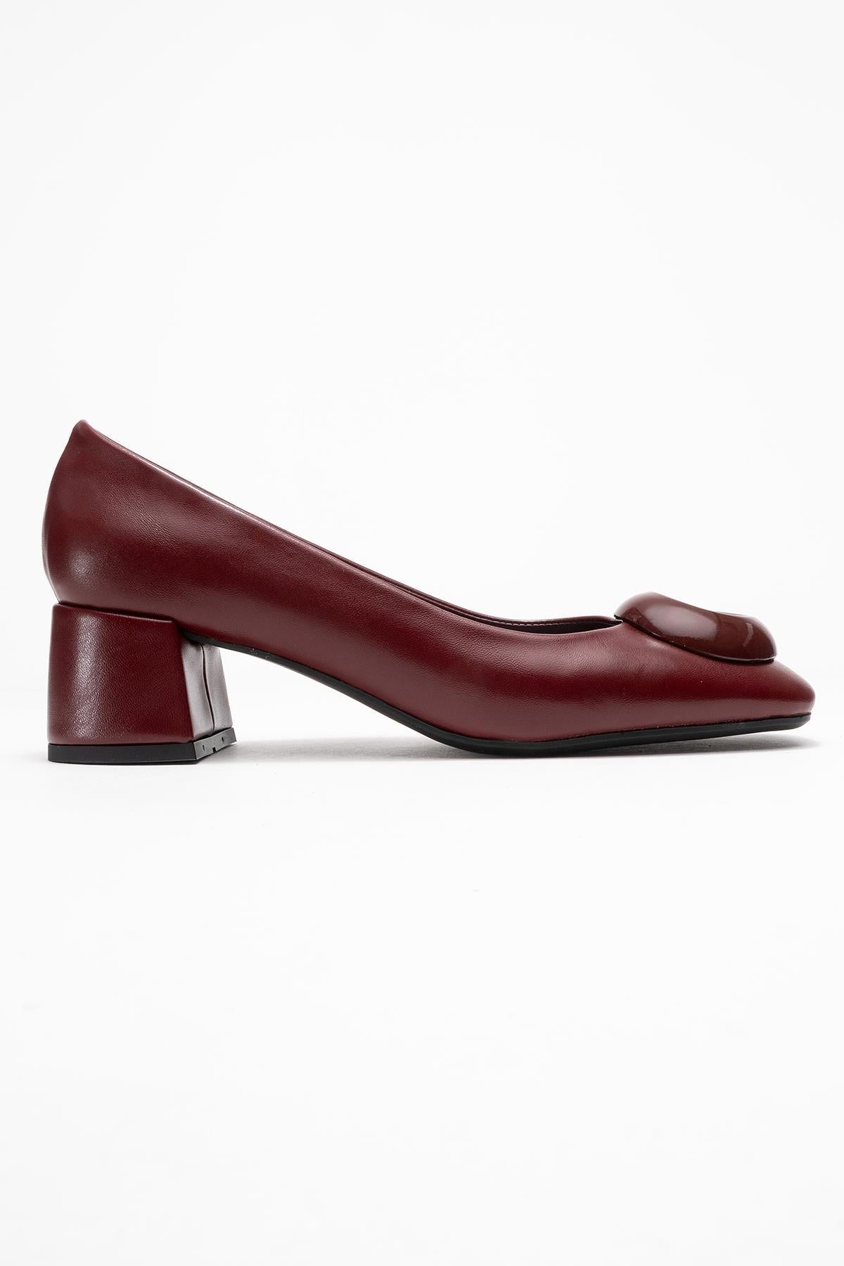 Mila - Burgundy Buckle Square Toe Block Heel Shoe – top view showing leather, Vowalisse