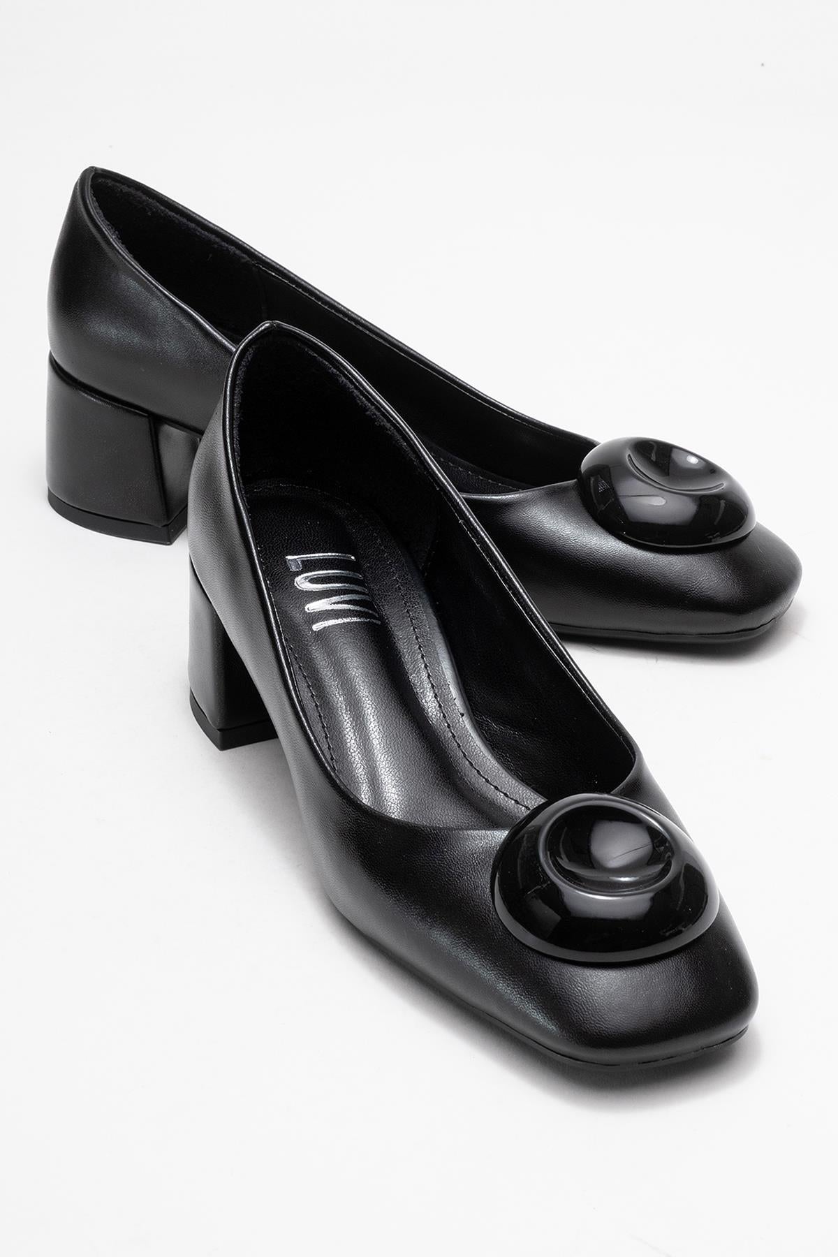Mila - Black Buckle Square Toe Block Heel Shoe – front three-quarter view showing leather, black, Vowalisse