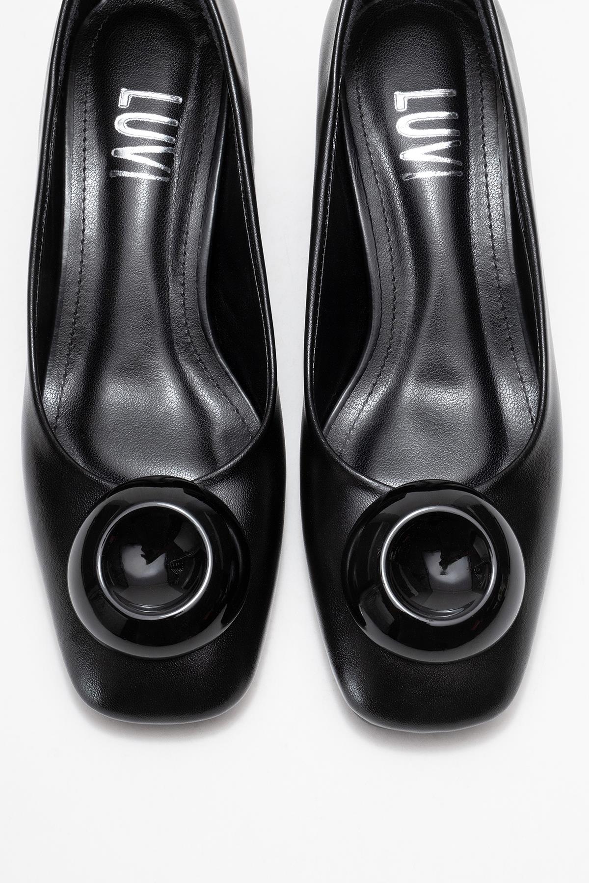 Mila - Black Buckle Square Toe Block Heel Shoe – side view showing leather, black, Vowalisse