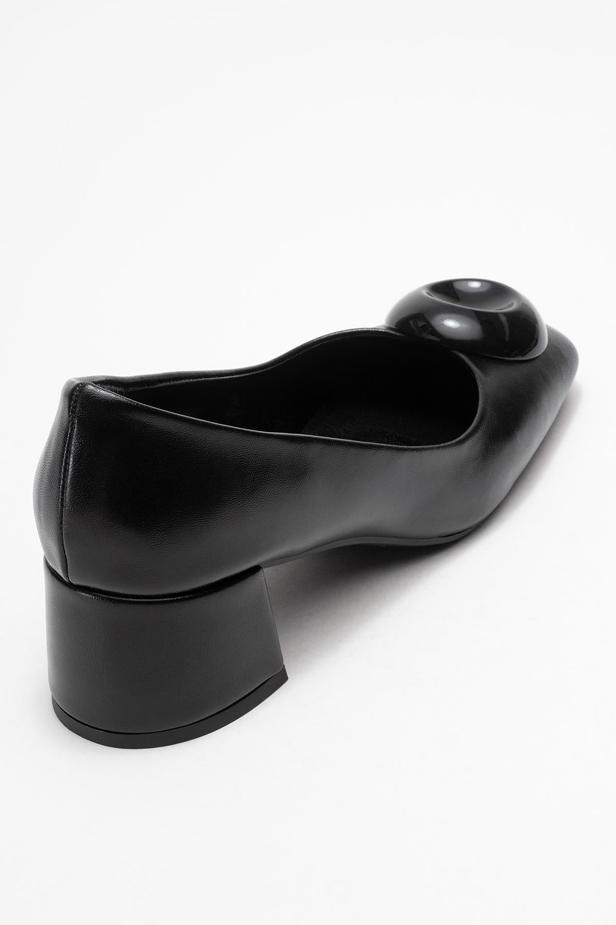 Mila - Black Buckle Square Toe Block Heel Shoe – back view showing leather, black, Vowalisse