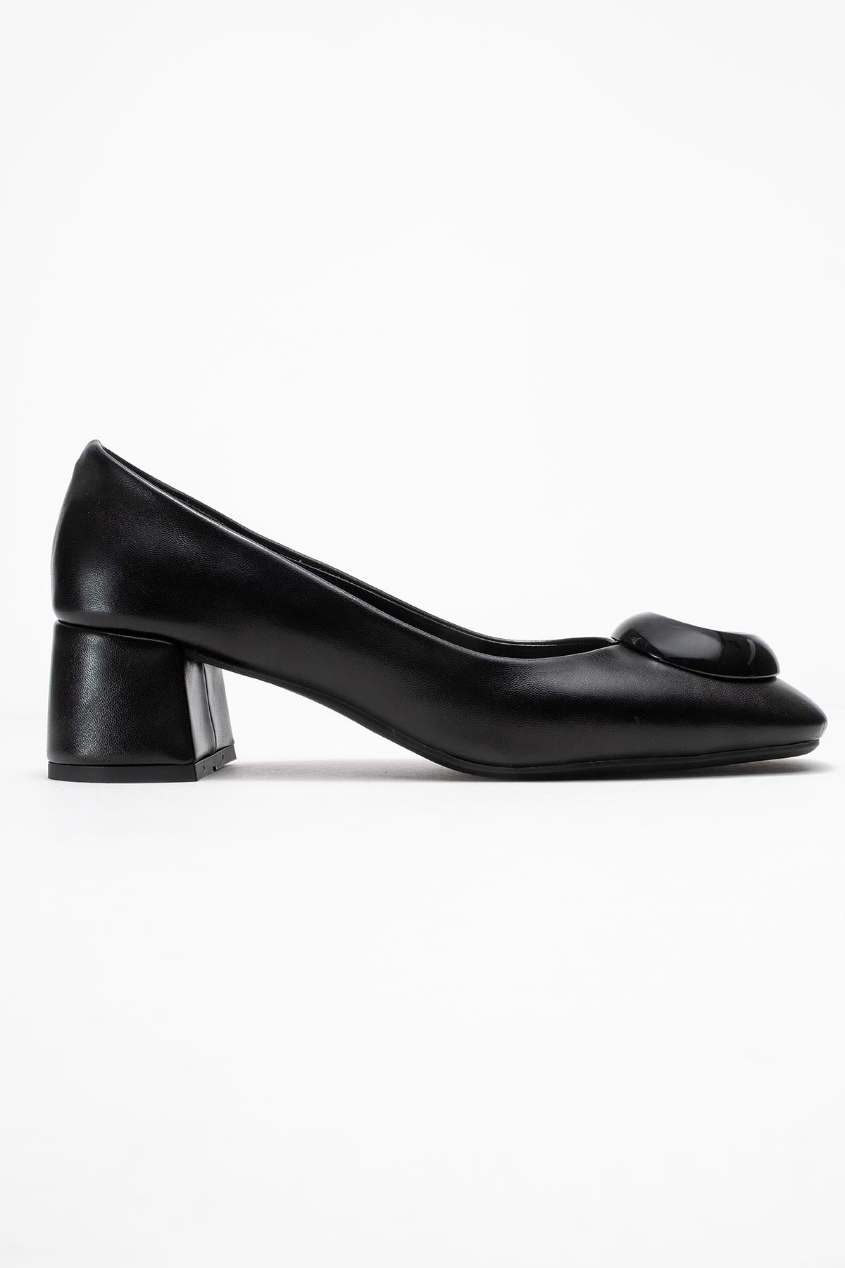 Mila - Black Buckle Square Toe Block Heel Shoe – top view showing leather, black, Vowalisse