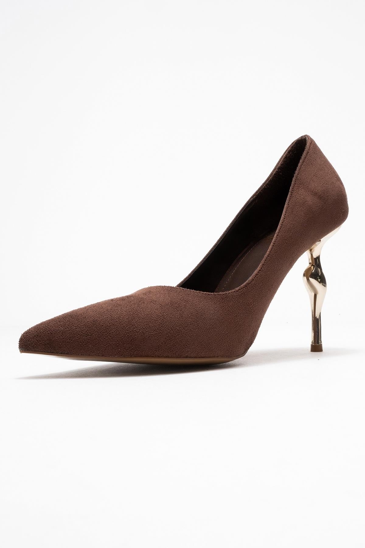 Hudson - Brown Heeled Shoe – heel view showing leather, suede, Vowalisse