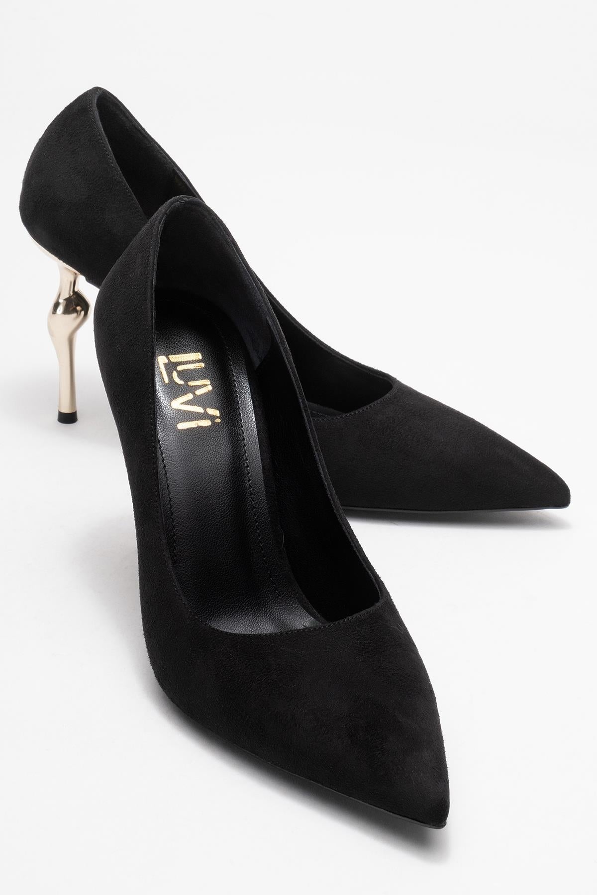 Hudson - Black Heeled Shoe – front three-quarter view showing leather, suede, metallic, Vowalisse