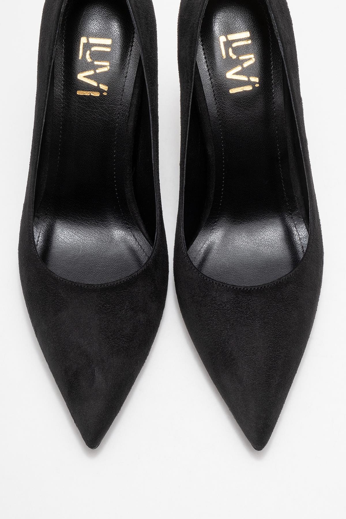 Hudson - Black Heeled Shoe – side view showing leather, suede, metallic, Vowalisse