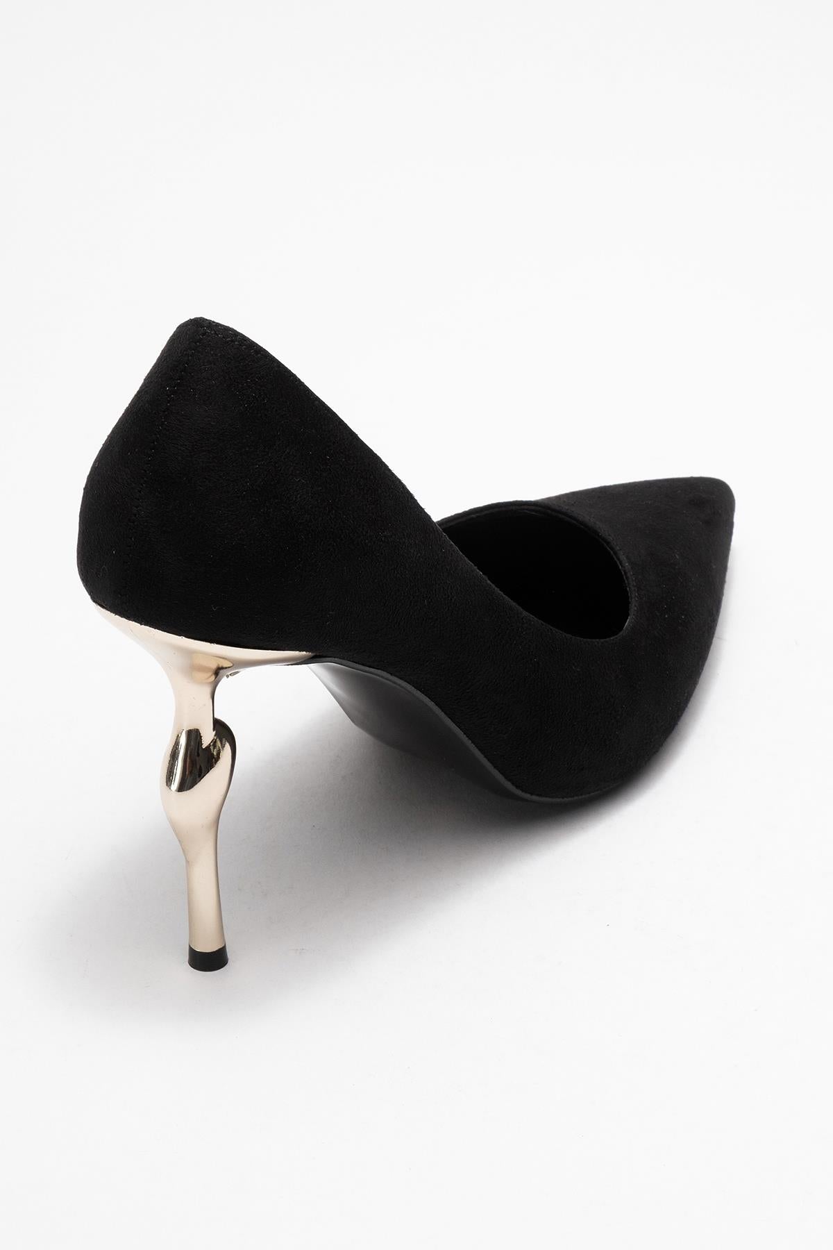 Hudson - Black Heeled Shoe – heel view showing leather, suede, metallic, Vowalisse