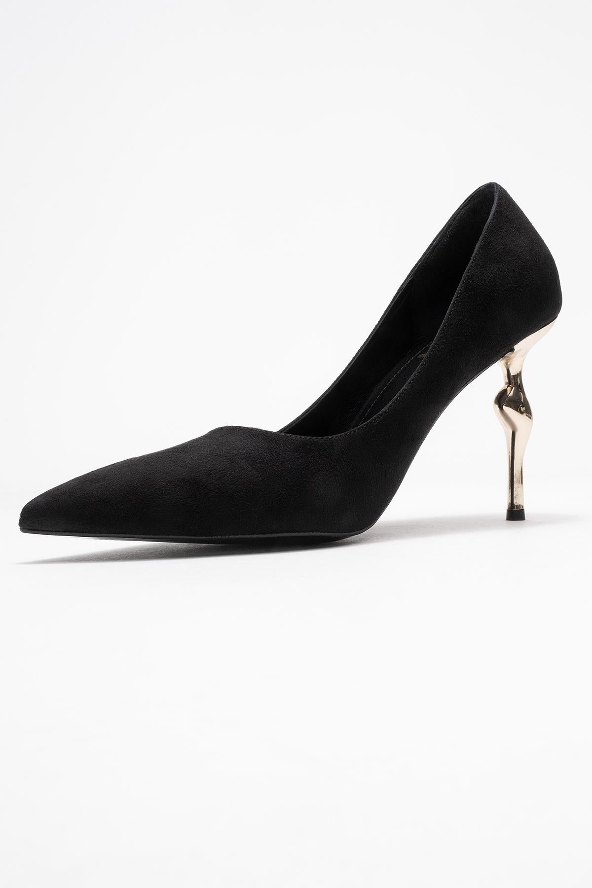 Hudson - Black Heeled Shoe – back view showing leather, suede, metallic, Vowalisse