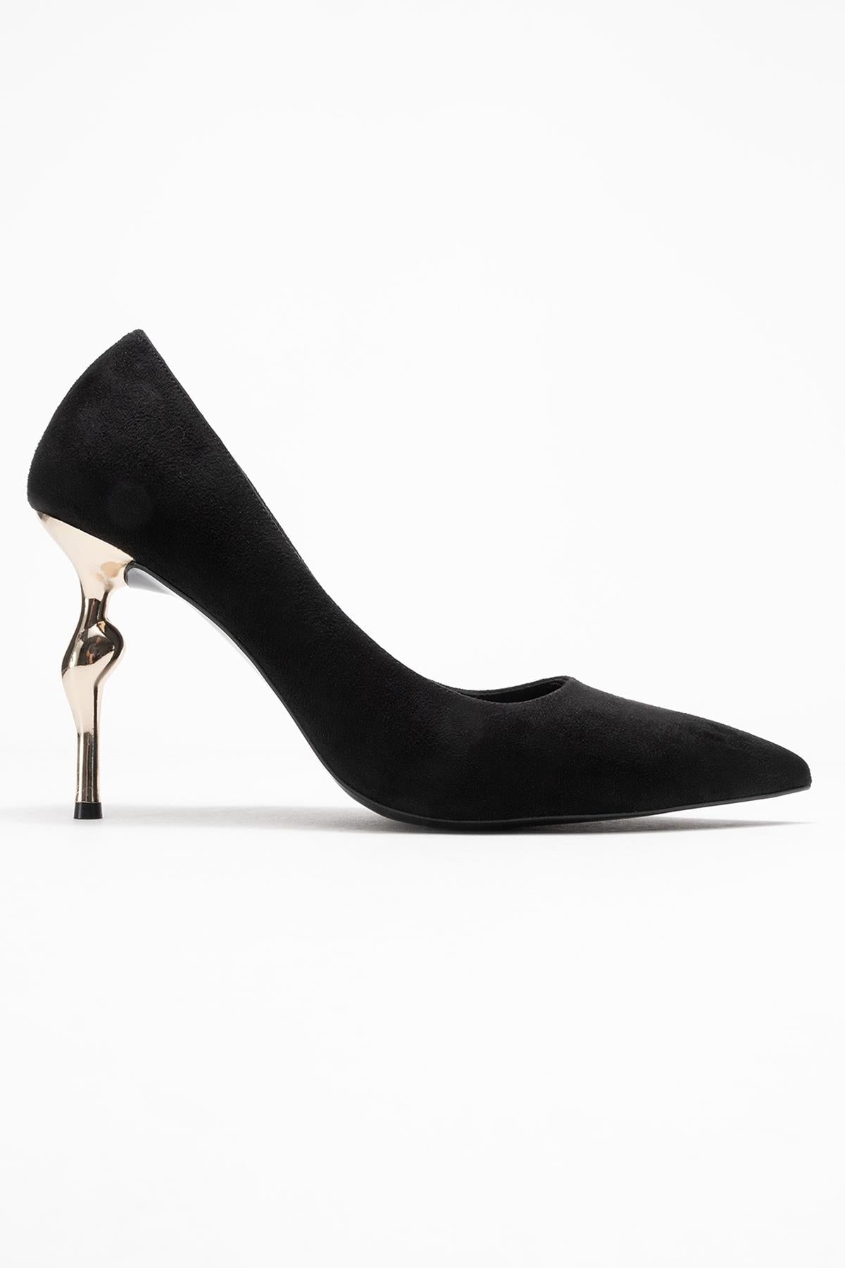 Hudson - Black Heeled Shoe – top view showing leather, suede, metallic, Vowalisse