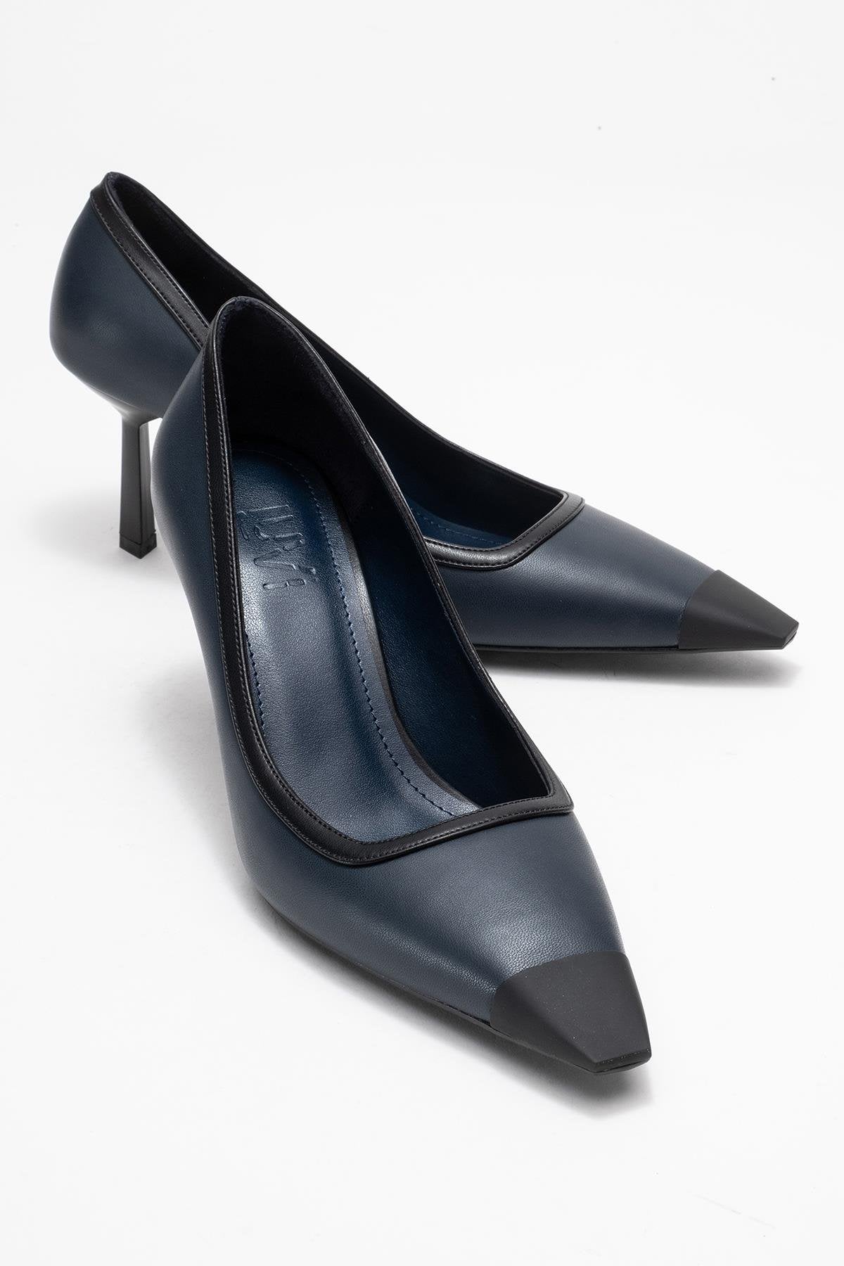 Rona - Navy Matte Toe Heeled Shoe – front three-quarter view showing leather, Vowalisse