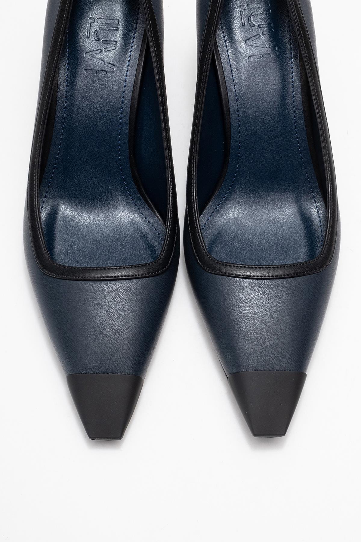 Rona - Navy Matte Toe Heeled Shoe – side view showing leather, Vowalisse