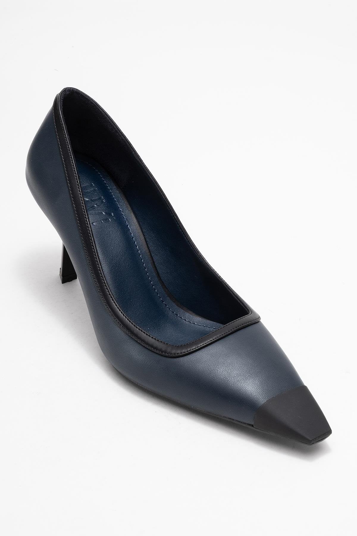Rona - Navy Matte Toe Heeled Shoe – detail view showing leather, Vowalisse