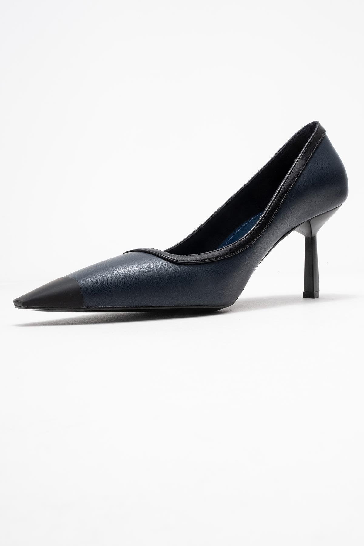 Rona - Navy Matte Toe Heeled Shoe – heel view showing leather, Vowalisse