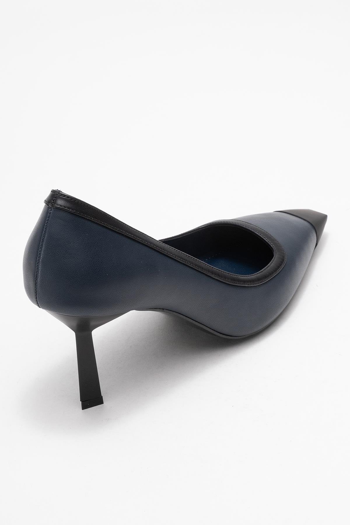 Rona - Navy Matte Toe Heeled Shoe – back view showing leather, Vowalisse