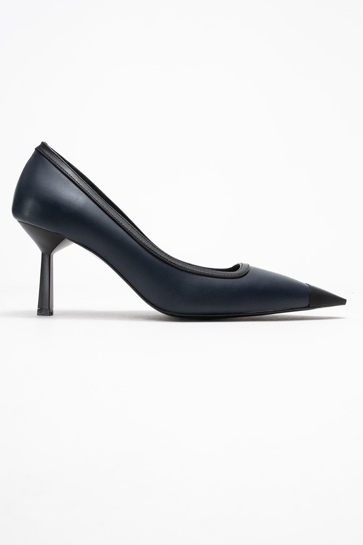 Rona - Navy Matte Toe Heeled Shoe – top view showing leather, Vowalisse