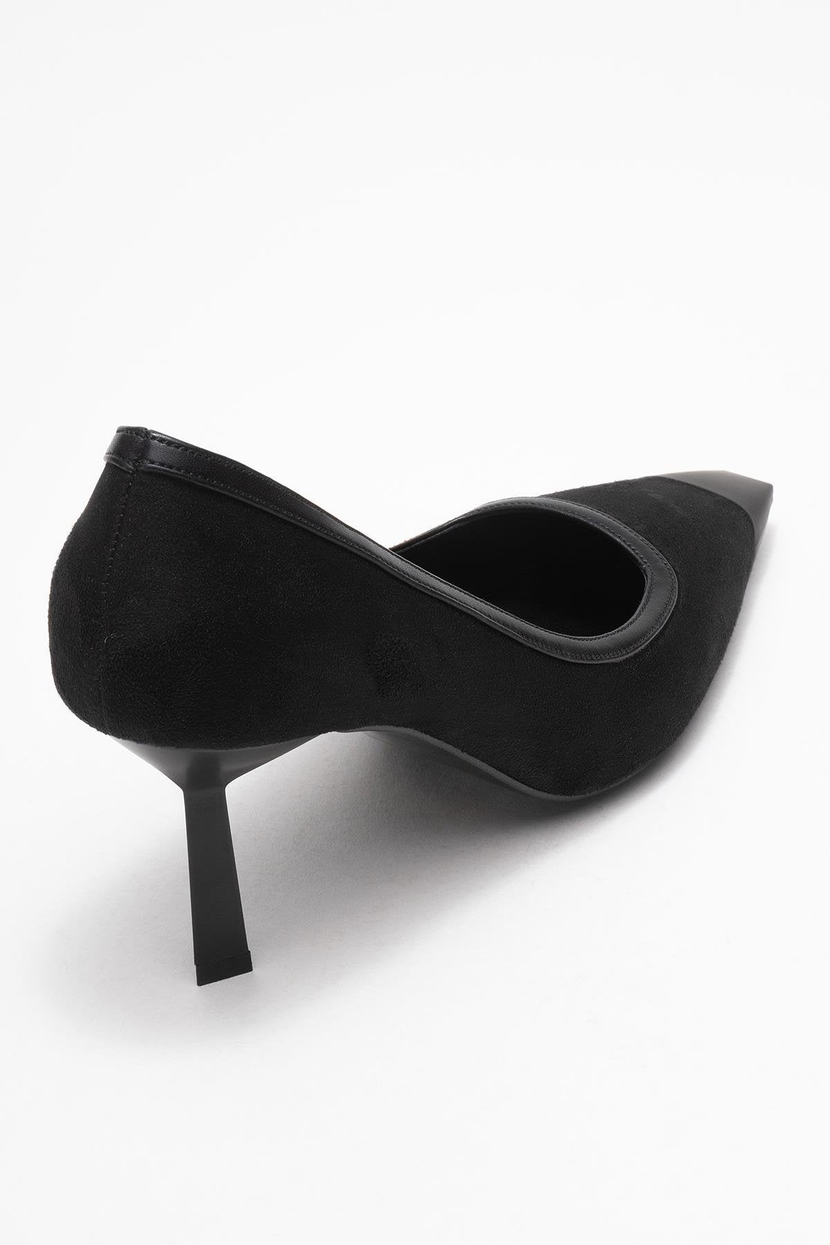 Rona - Black Matte Toe Heeled Shoe – back view showing leather, suede, black, Vowalisse