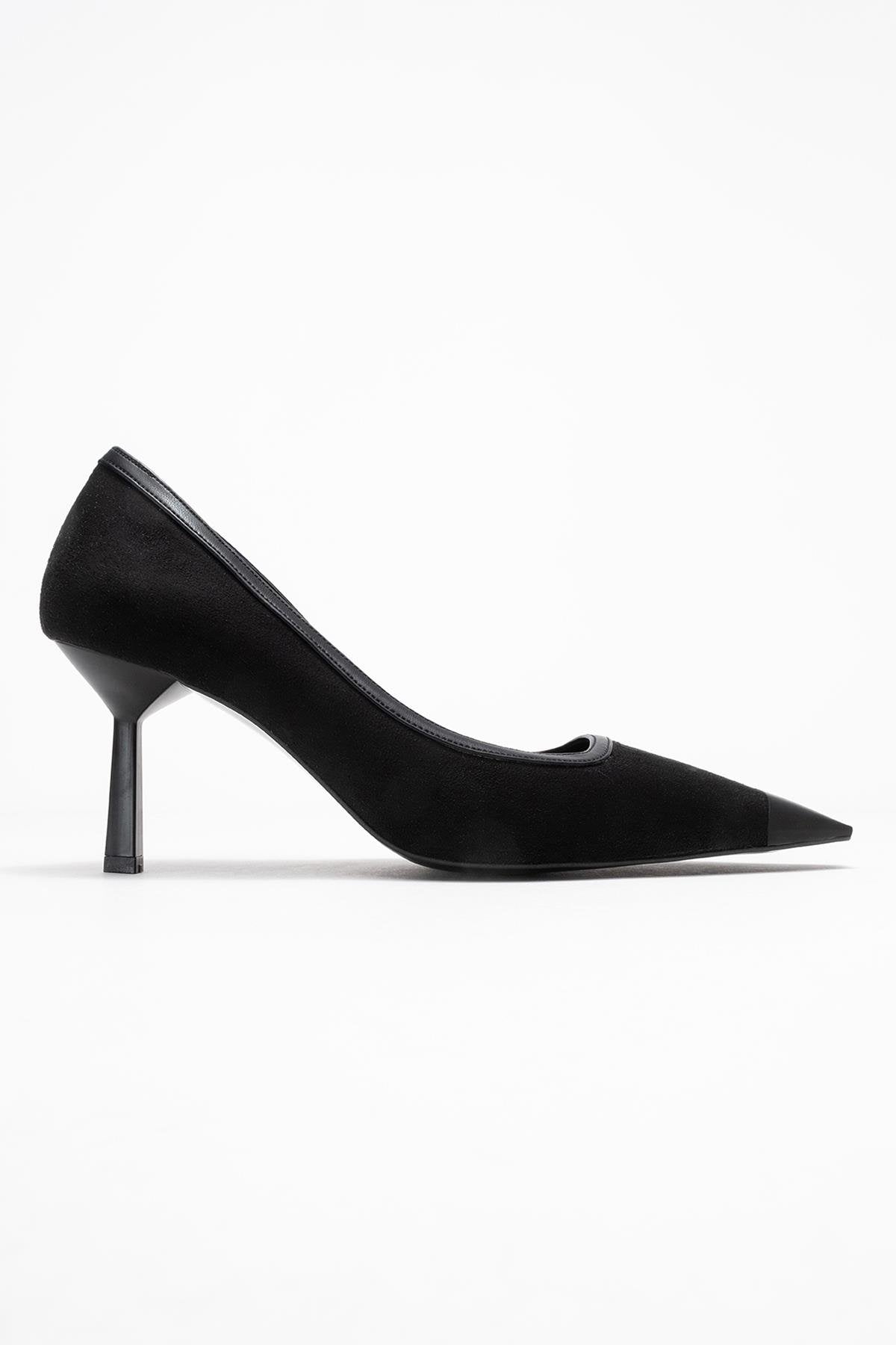 Rona - Black Matte Toe Heeled Shoe – top view showing leather, suede, black, Vowalisse
