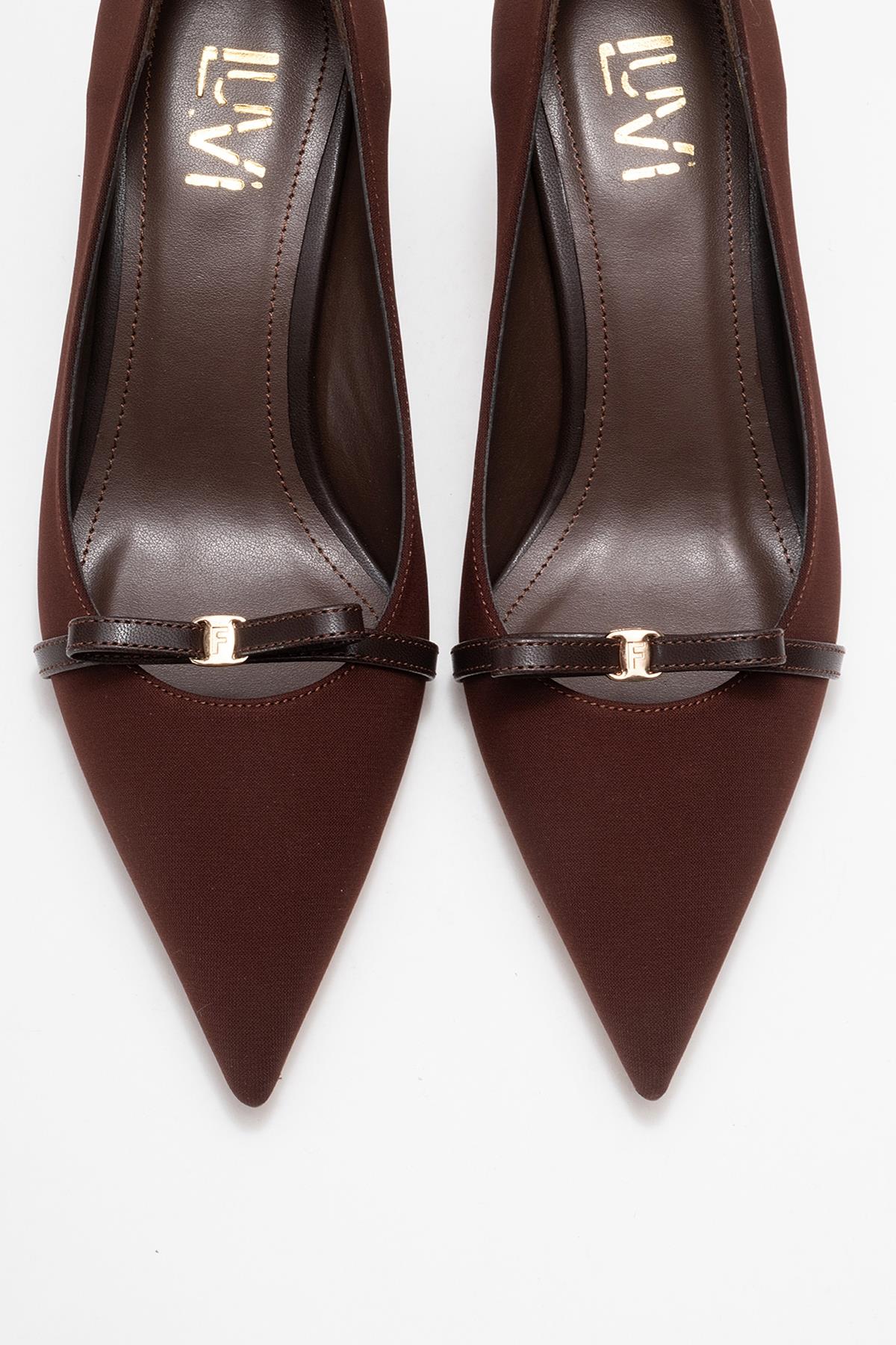 Annie - Brown Bow Heeled Shoe – side view showing bow, leather, Vowalisse