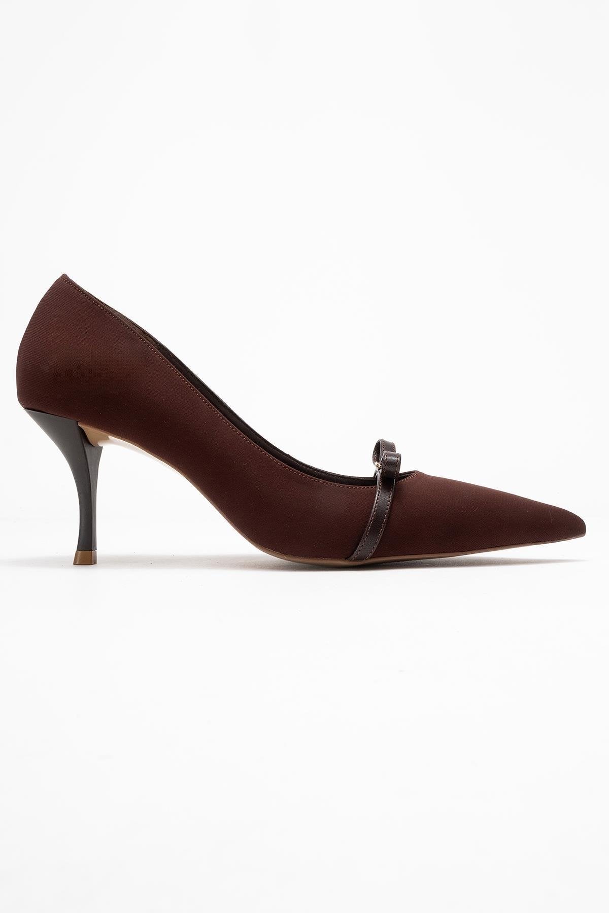 Annie - Brown Bow Heeled Shoe – top view showing bow, leather, Vowalisse