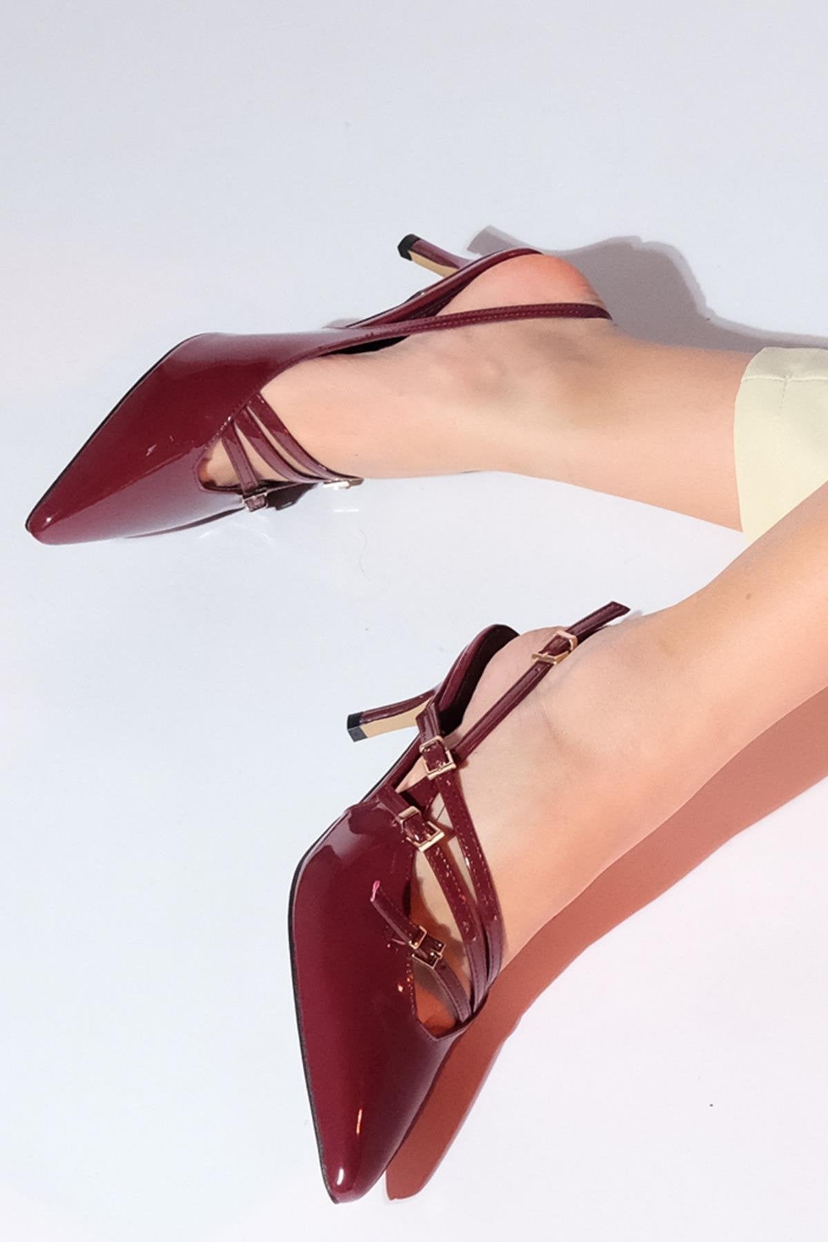 Magra Burgundy Patent Pointed-Toe Slingback Stiletto – heel view showing leather, red, Vowalisse