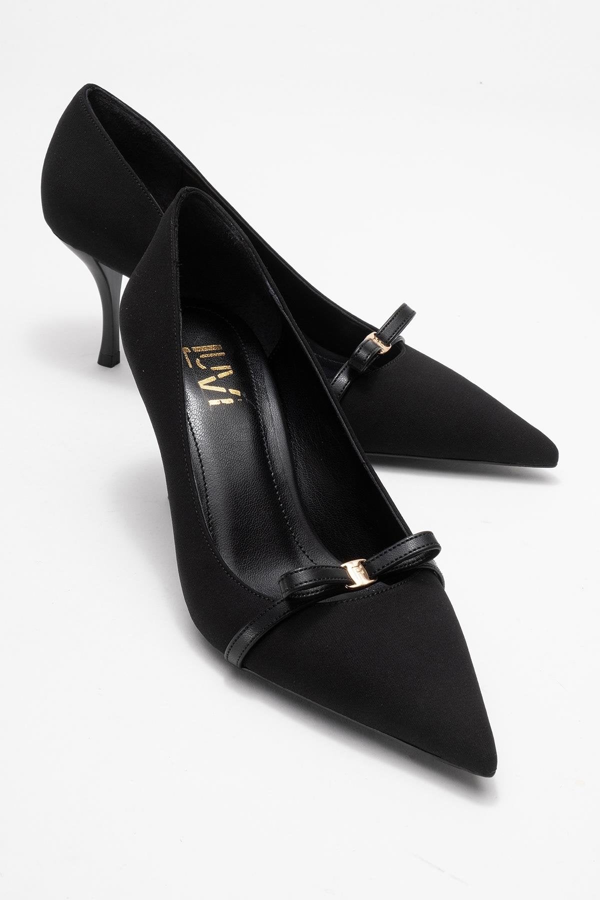 Annie - Black Bow Heeled Shoe – front three-quarter view showing bow, leather, black, Vowalisse