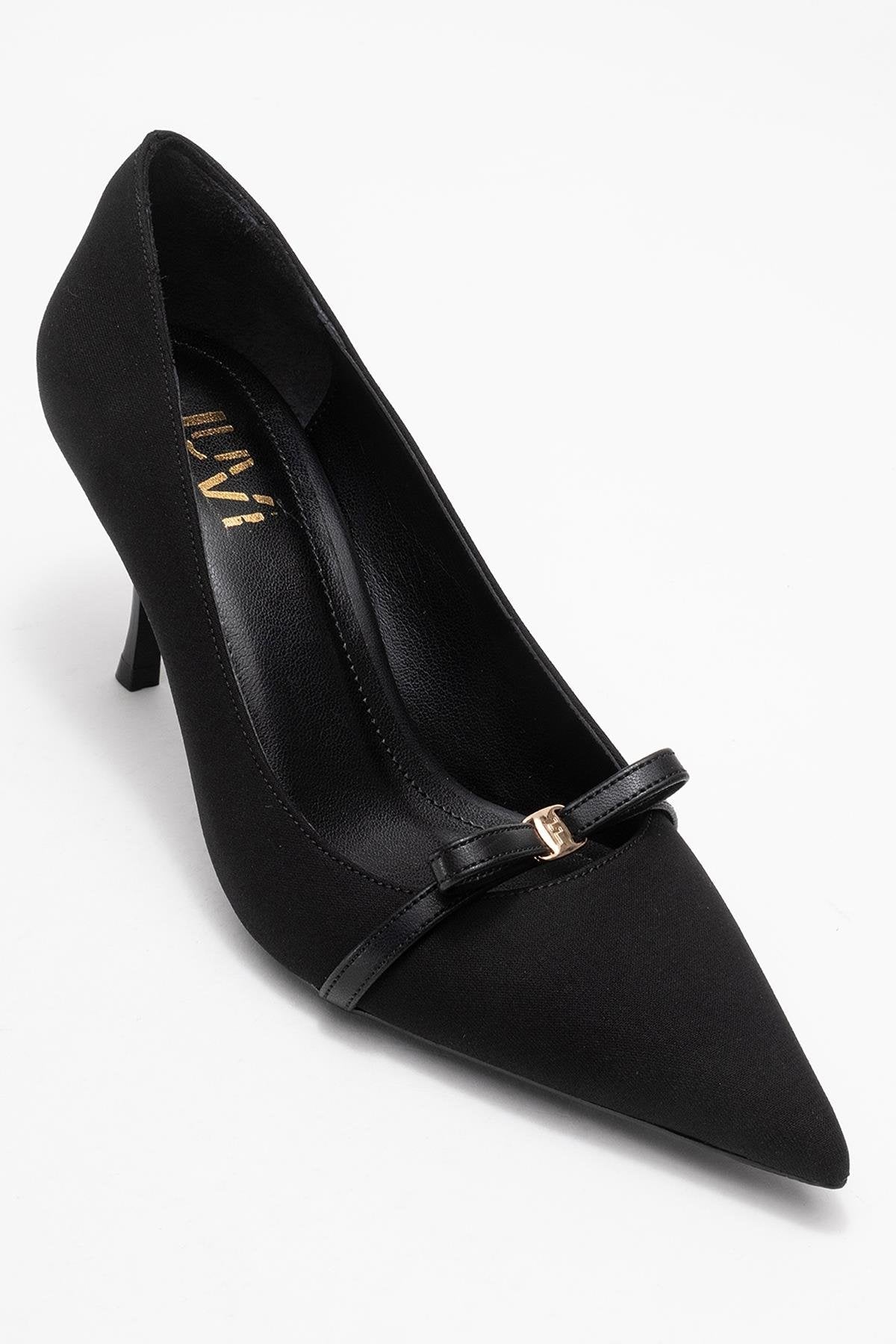 Annie - Black Bow Heeled Shoe – detail view showing bow, leather, black, Vowalisse