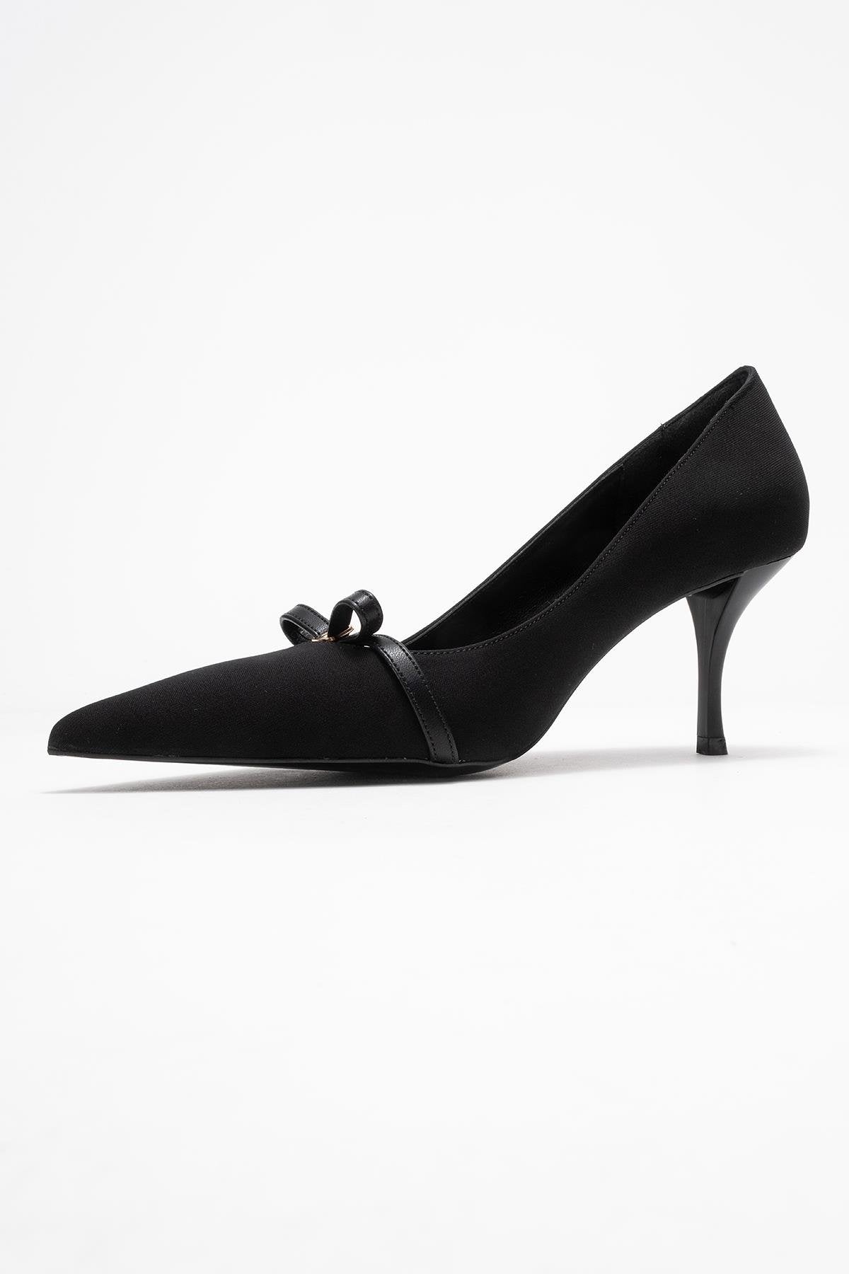 Annie - Black Bow Heeled Shoe – heel view showing bow, leather, black, Vowalisse