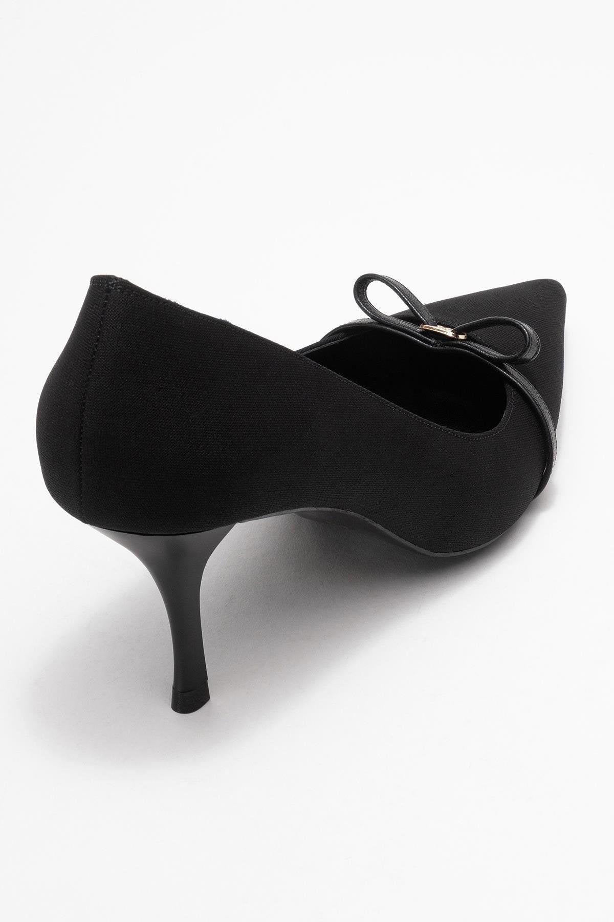 Annie - Black Bow Heeled Shoe – back view showing bow, leather, black, Vowalisse
