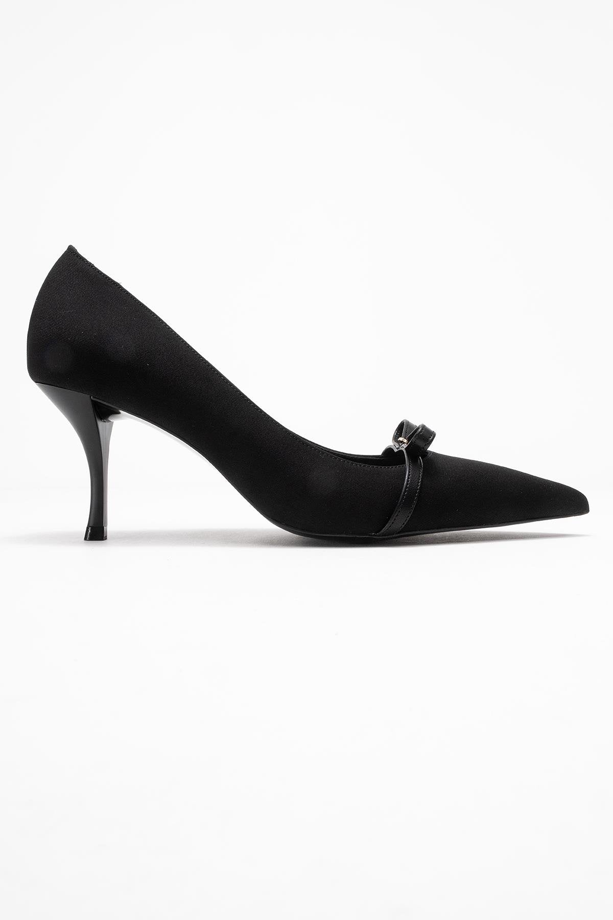 Annie - Black Bow Heeled Shoe – top view showing bow, leather, black, Vowalisse