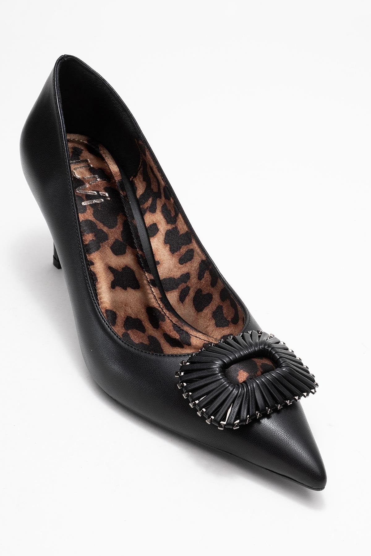 Great - Black Buckle Heeled Shoe – detail view showing leather, black, Vowalisse