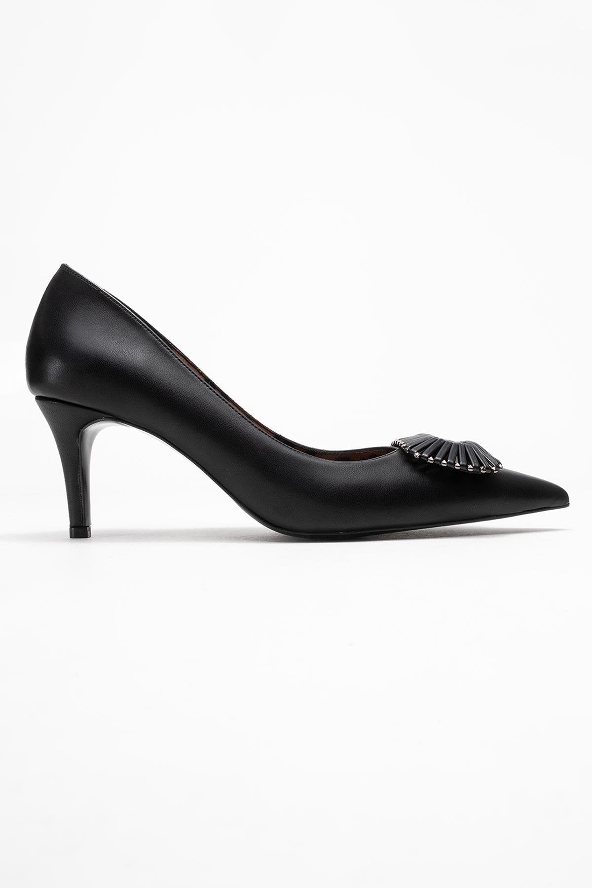 Great - Black Buckle Heeled Shoe – top view showing leather, black, Vowalisse