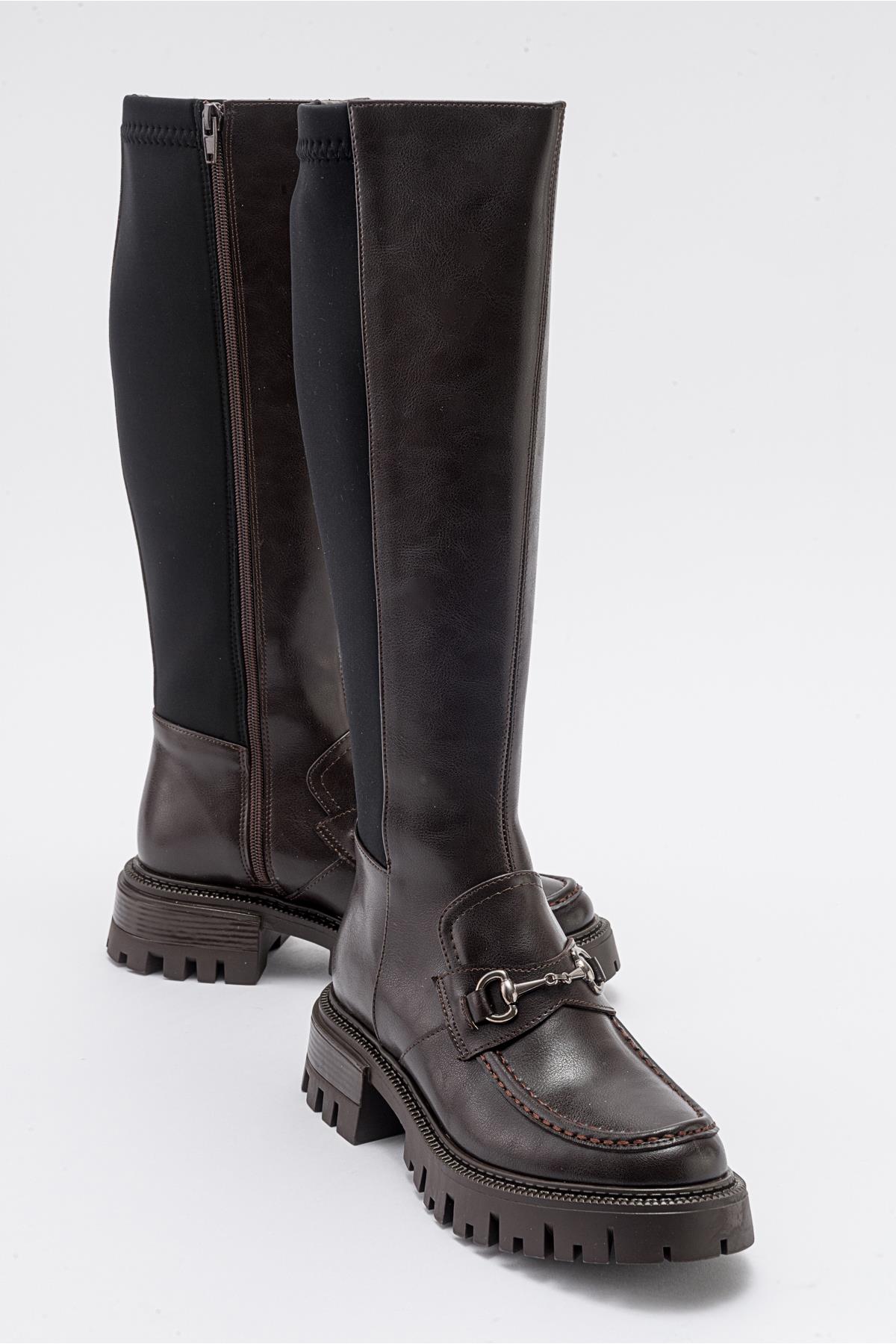 Chapel - Brown Leather Buckle Stretch Detail Boot – front three-quarter view showing leather, Vowalisse