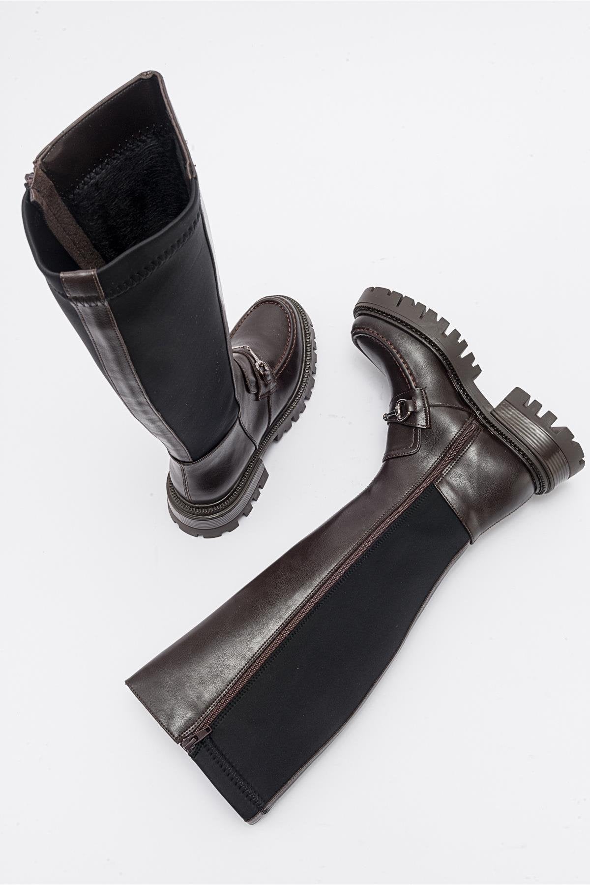 Chapel - Brown Leather Buckle Stretch Detail Boot – side view showing leather, Vowalisse