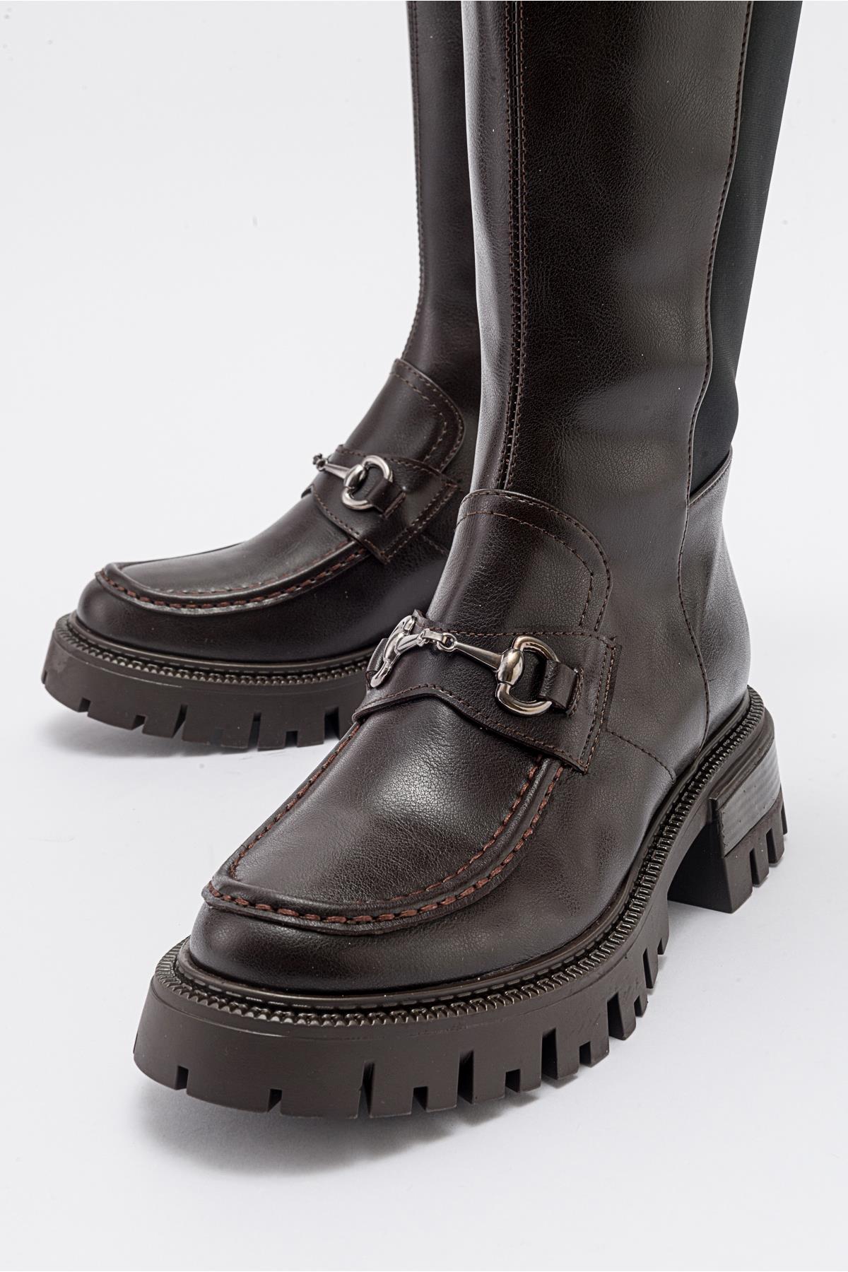 Chapel - Brown Leather Buckle Stretch Detail Boot – heel view showing leather, Vowalisse