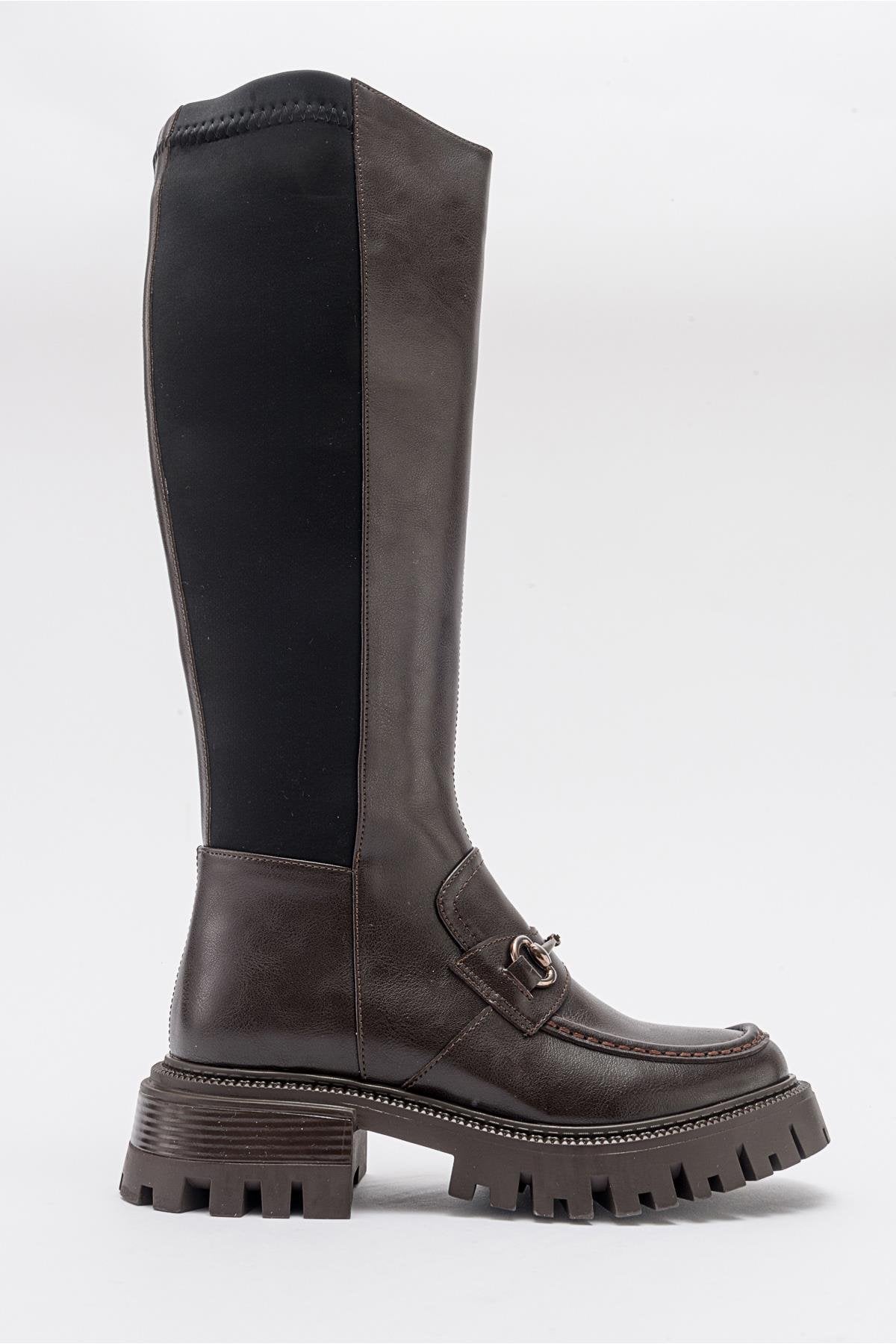 Chapel - Brown Leather Buckle Stretch Detail Boot – top view showing leather, Vowalisse