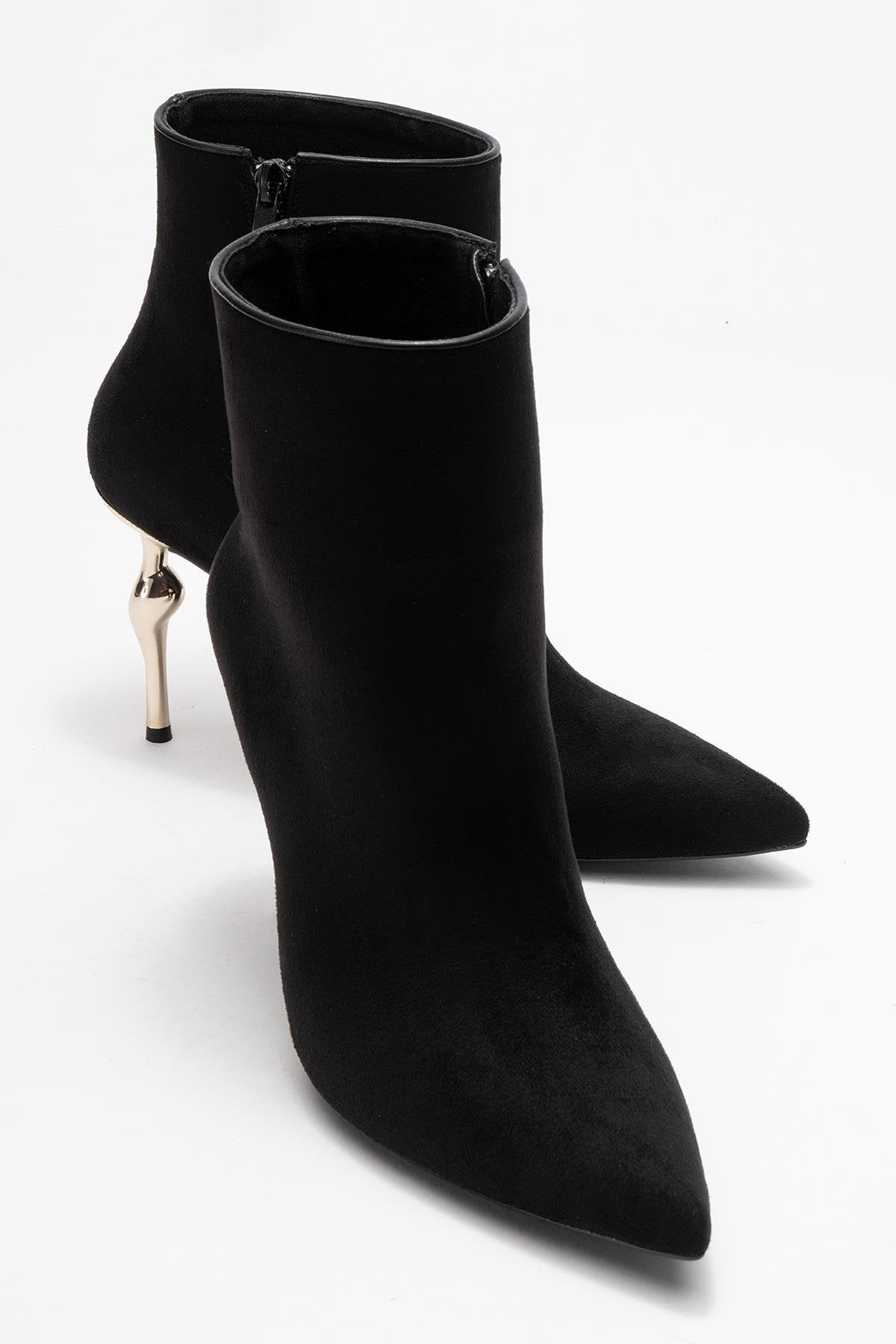 Crista - Black Pointed Toe Heeled Boot – front three-quarter view showing suede, black, Vowalisse