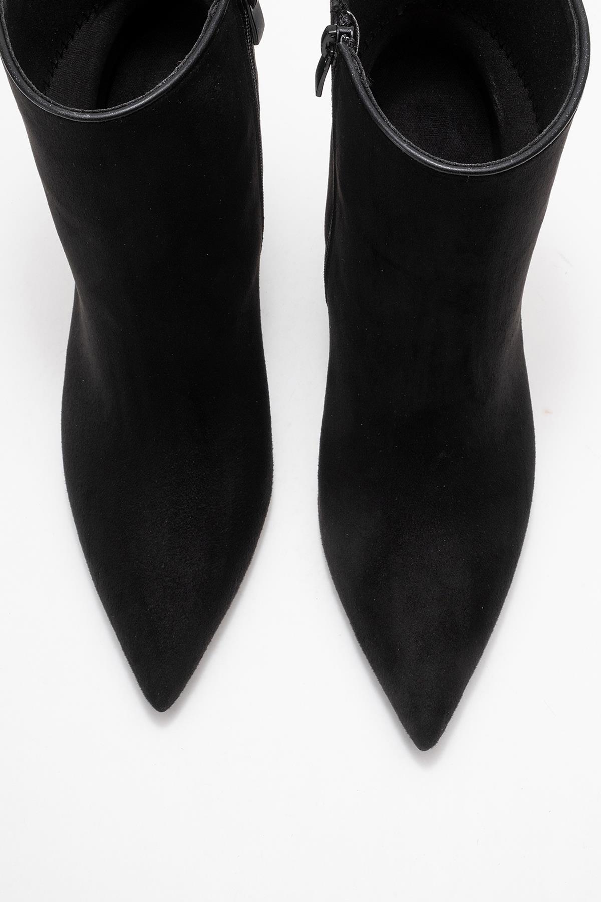 Crista - Black Pointed Toe Heeled Boot – side view showing suede, black, Vowalisse