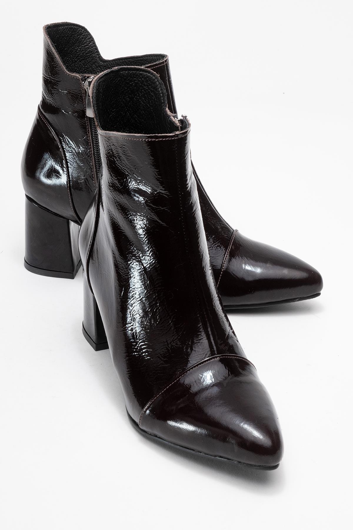 Gael - Dark Brown Patent Genuine Leather Block Heel Ankle Boot – front three-quarter view showing leather, red, Vowalisse