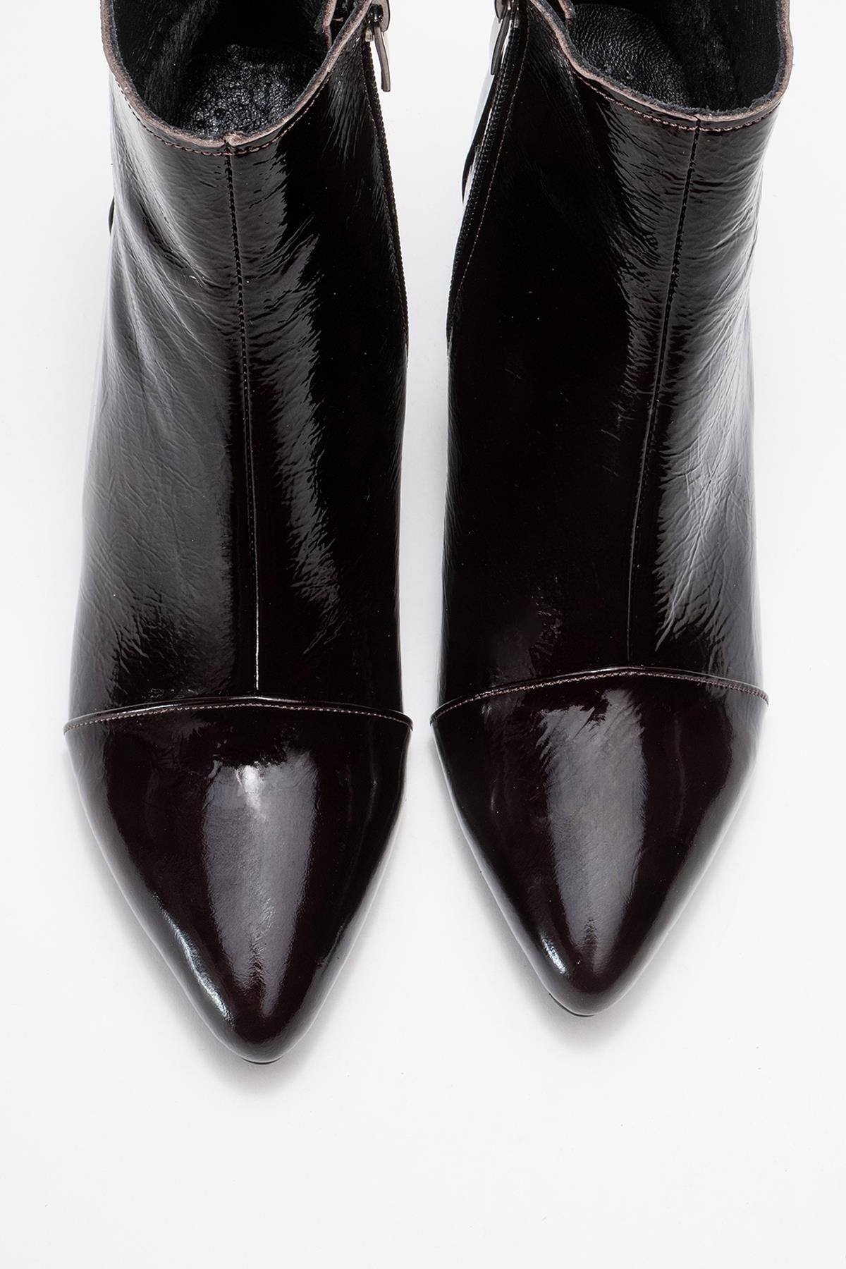 Gael - Dark Brown Patent Genuine Leather Block Heel Ankle Boot – side view showing leather, red, Vowalisse