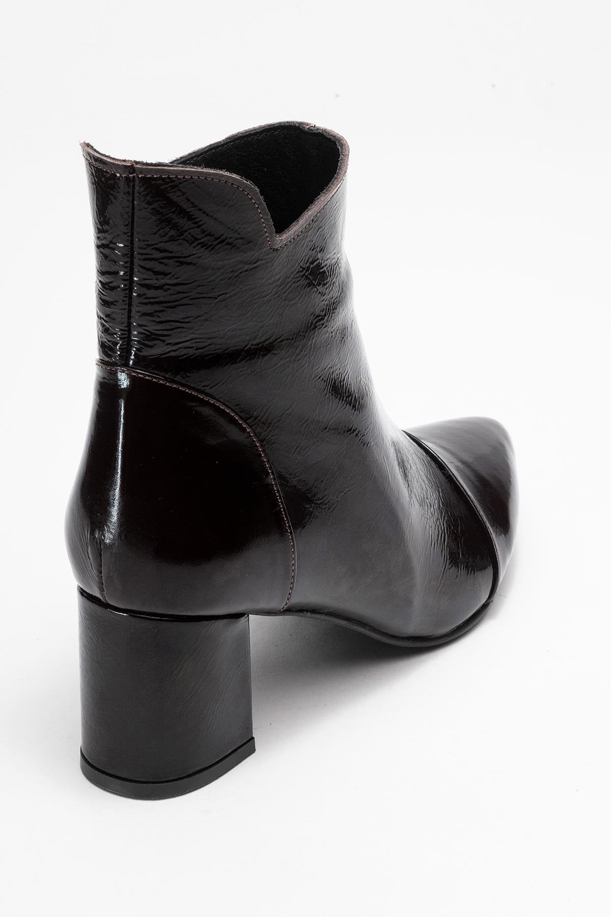 Gael - Dark Brown Patent Genuine Leather Block Heel Ankle Boot – back view showing leather, red, Vowalisse