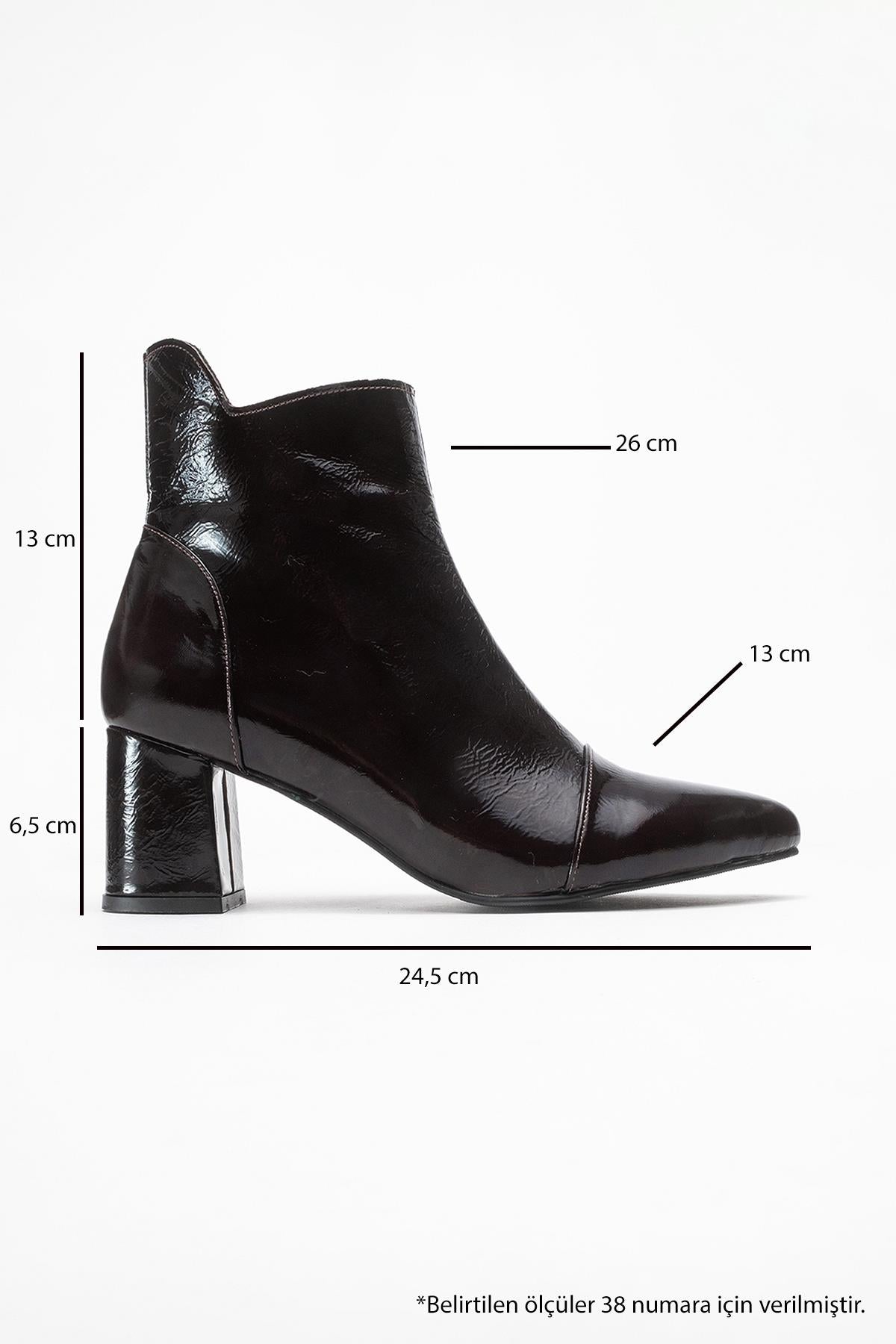 Gael - Dark Brown Patent Genuine Leather Block Heel Ankle Boot – top view showing leather, red, Vowalisse