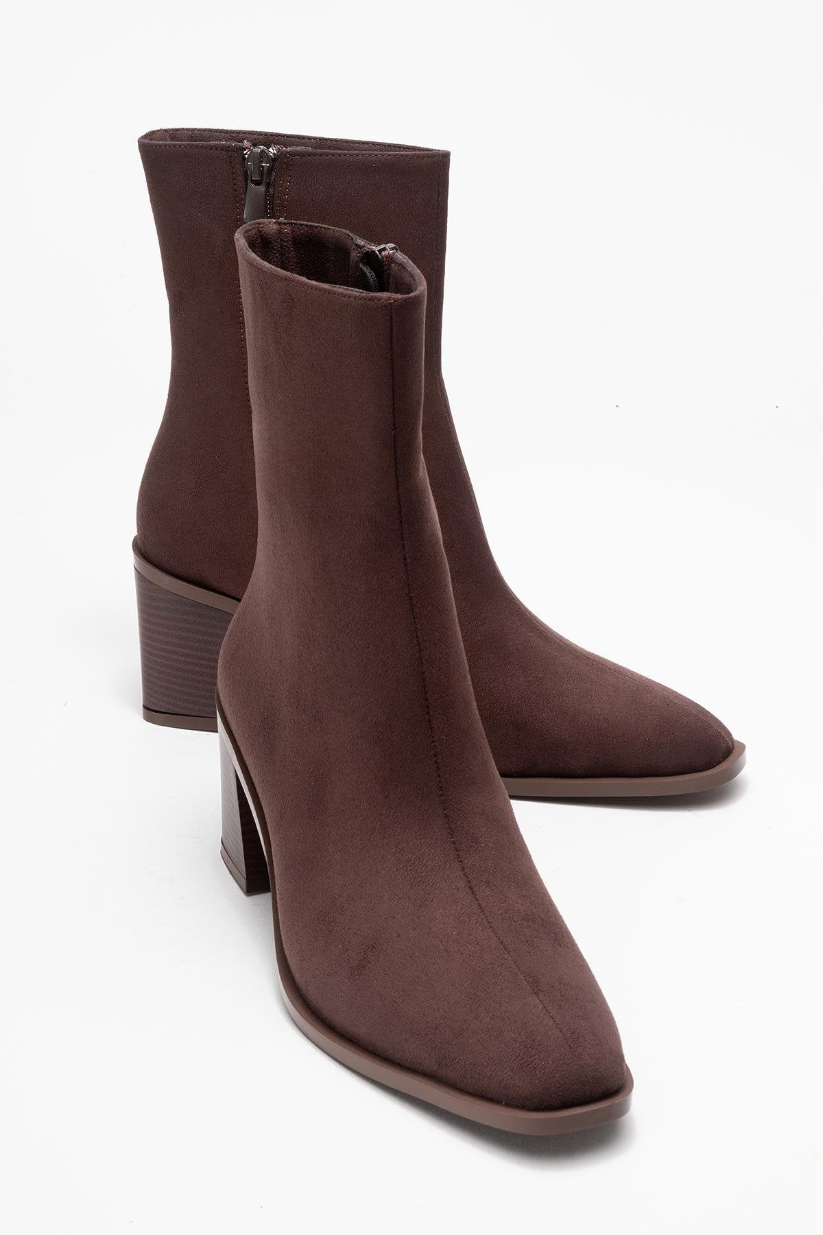 Chara - Brown Suede Block Heel Ankle Boot – front three-quarter view showing suede, red, Vowalisse