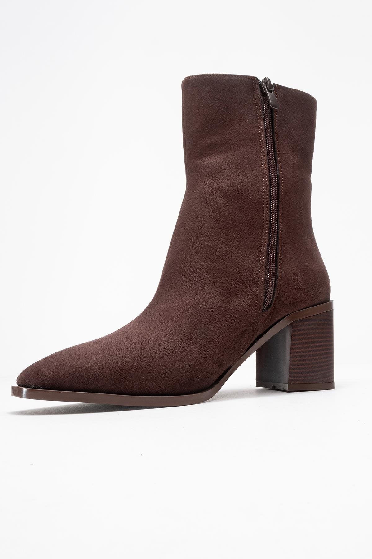 Chara - Brown Suede Block Heel Ankle Boot – heel view showing suede, red, Vowalisse