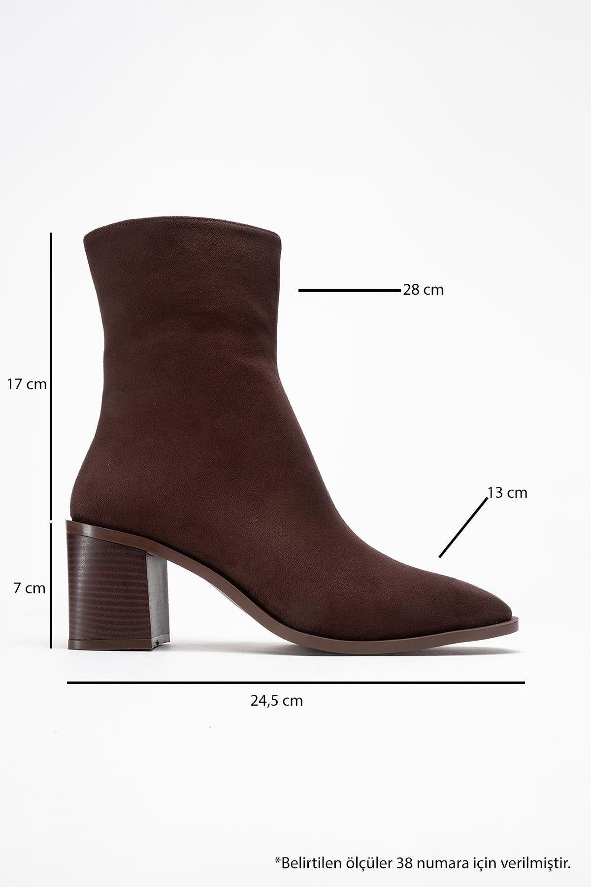 Chara - Brown Suede Block Heel Ankle Boot – top view showing suede, red, Vowalisse