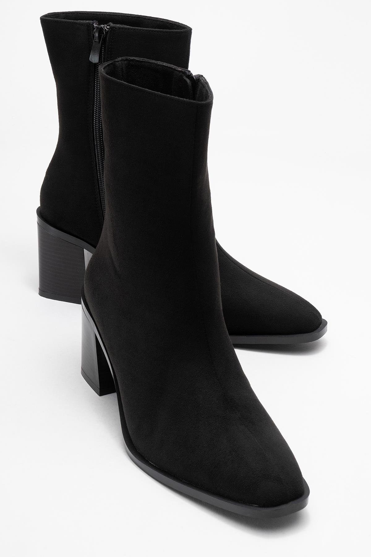 Chara - Black Suede Block Heel Ankle Boot – front three-quarter view showing suede, black, Vowalisse