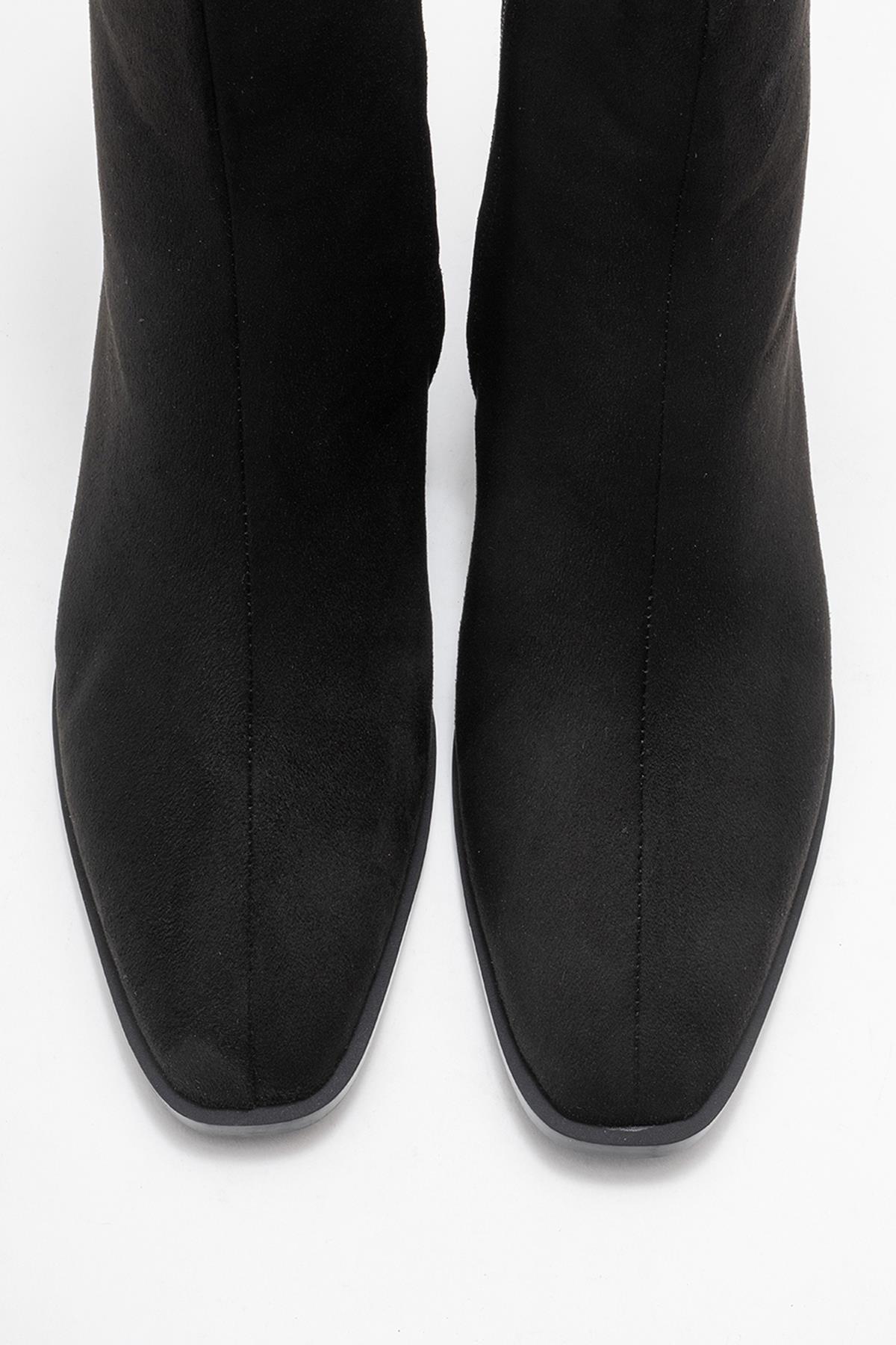 Chara - Black Suede Block Heel Ankle Boot – side view showing suede, black, Vowalisse