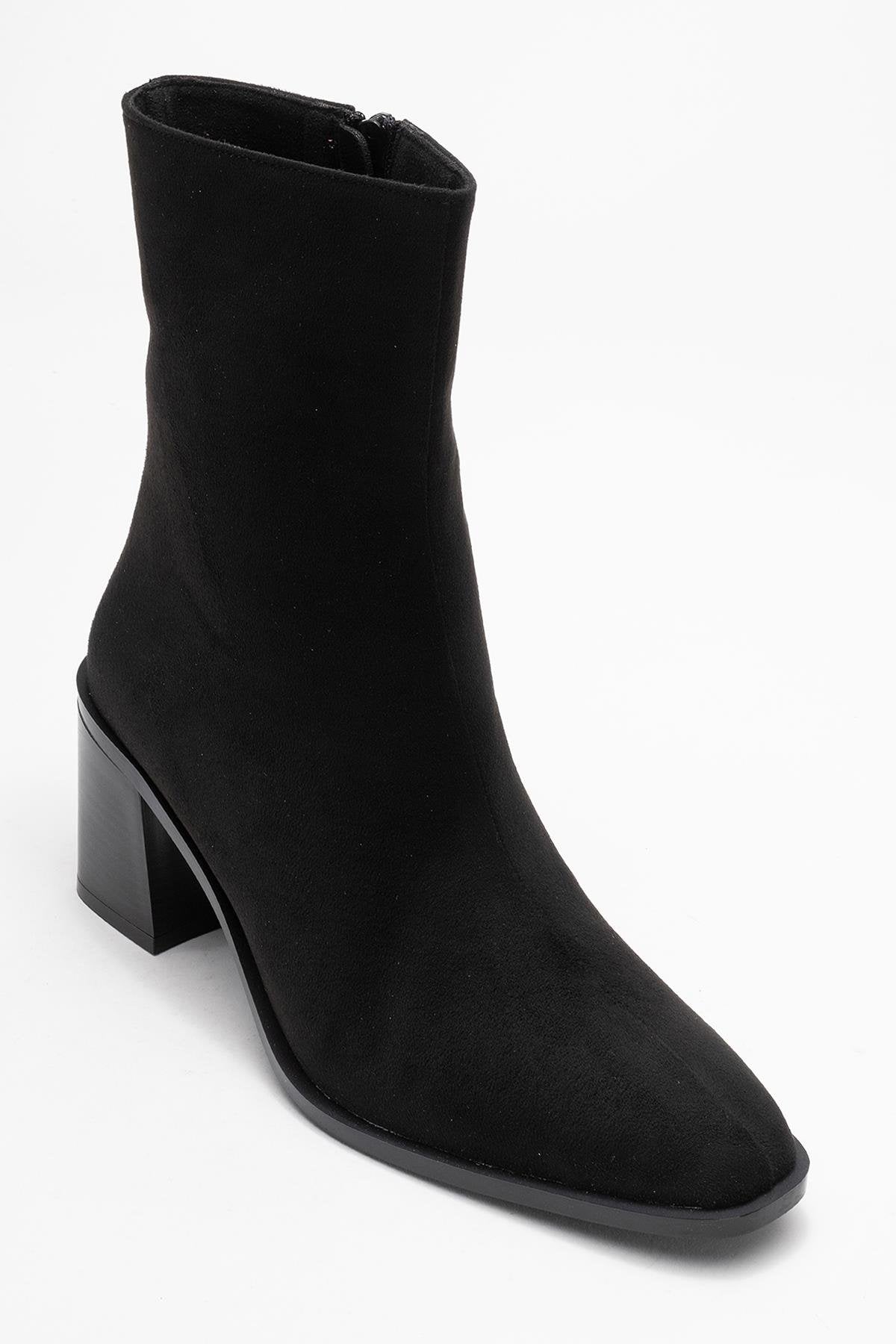 Chara - Black Suede Block Heel Ankle Boot – detail view showing suede, black, Vowalisse